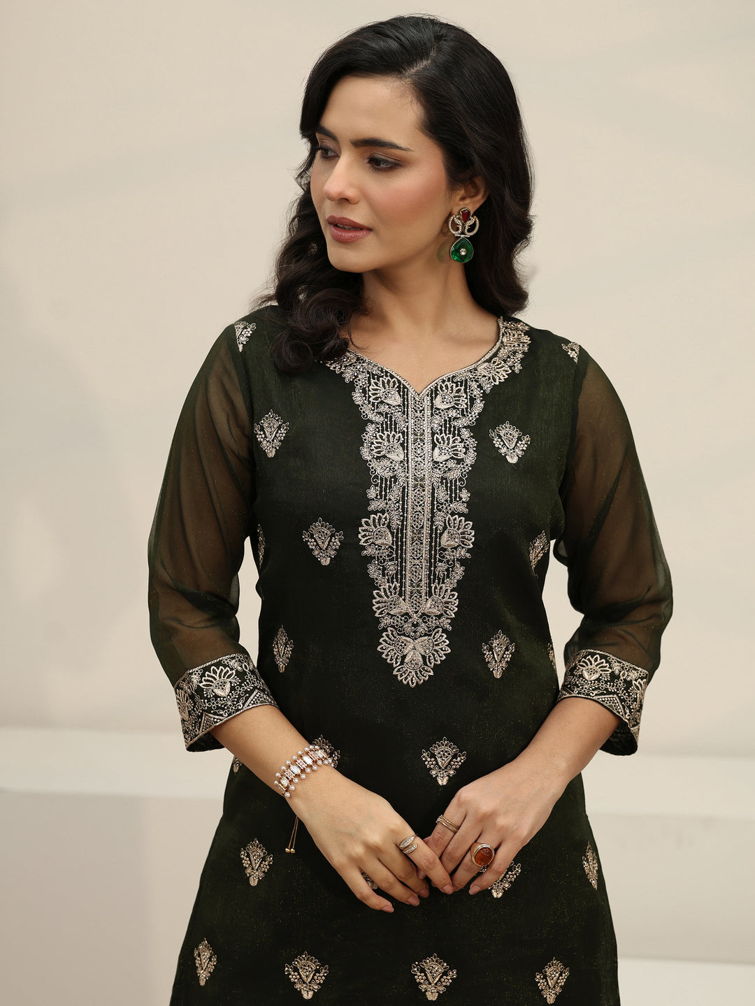  Libas Dark Green Embroidered Chinon Straight Suit Set 