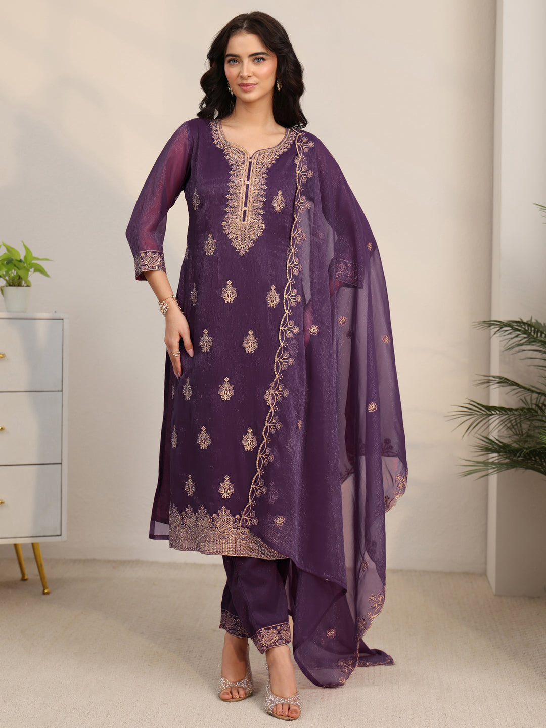  Libas Burgundy Embroidered Chinon Straight Suit Set 