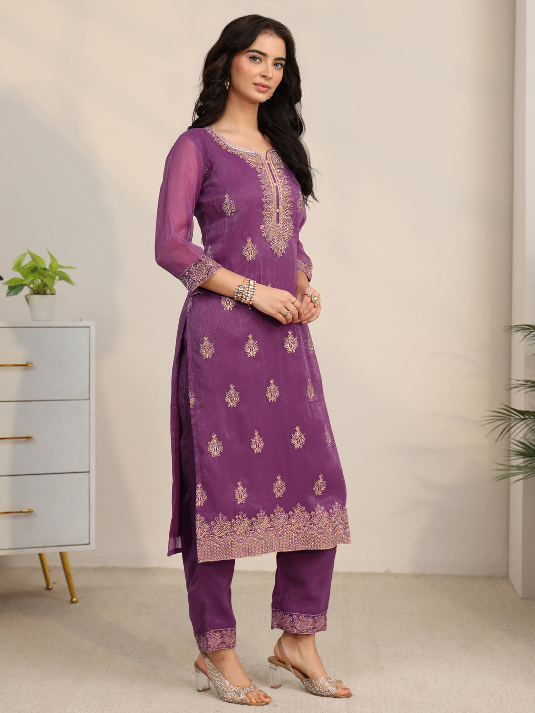  Libas Burgundy Embroidered Chinon Straight Suit Set 