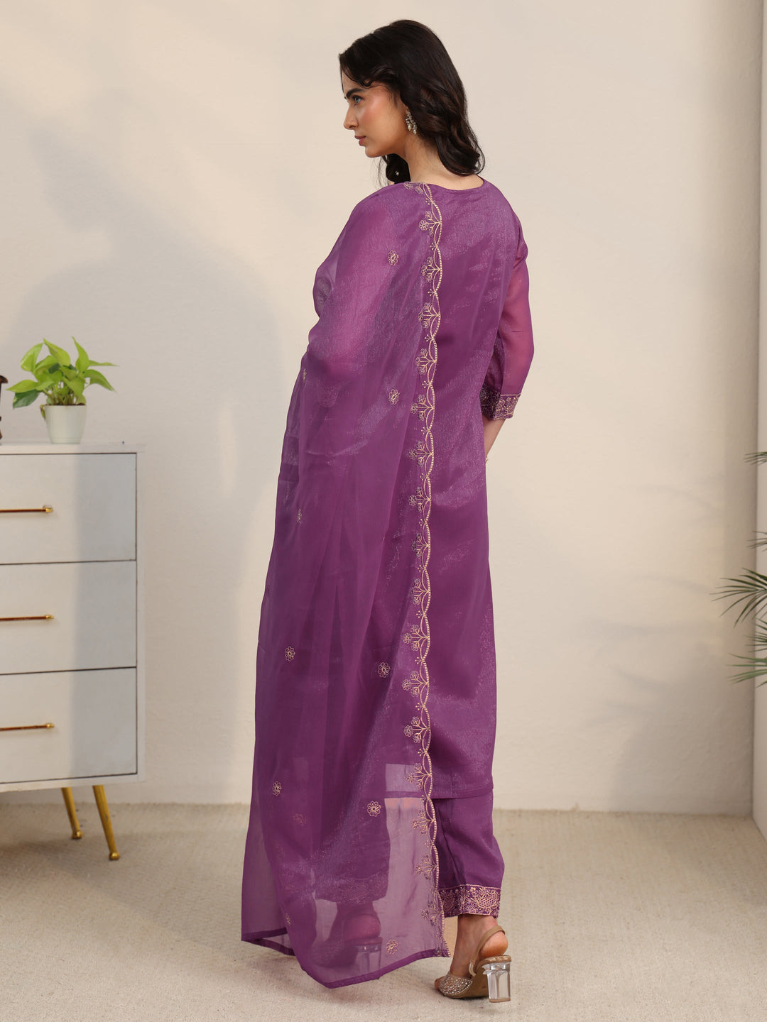  Libas Burgundy Embroidered Chinon Straight Suit Set 