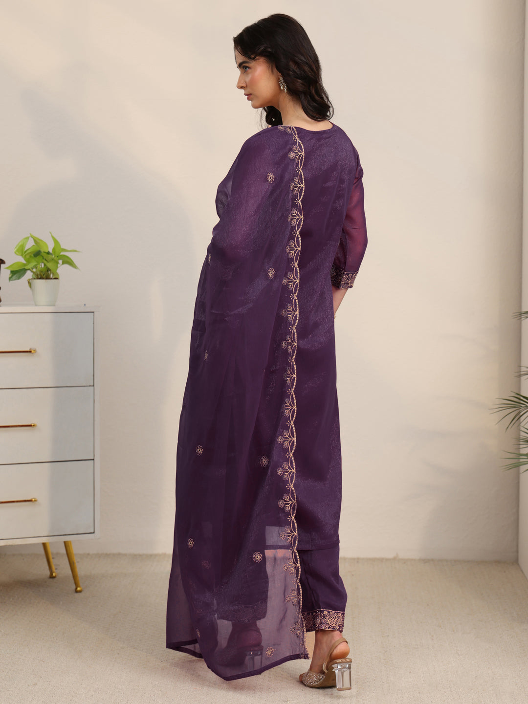  Libas Burgundy Embroidered Chinon Straight Suit Set 