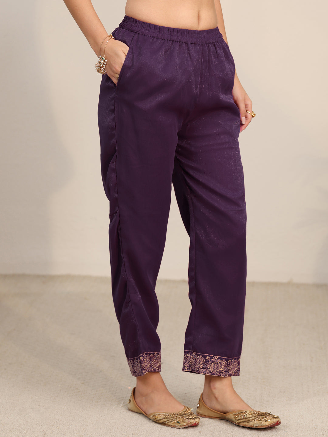  Libas Burgundy Embroidered Chinon Straight Suit Set 