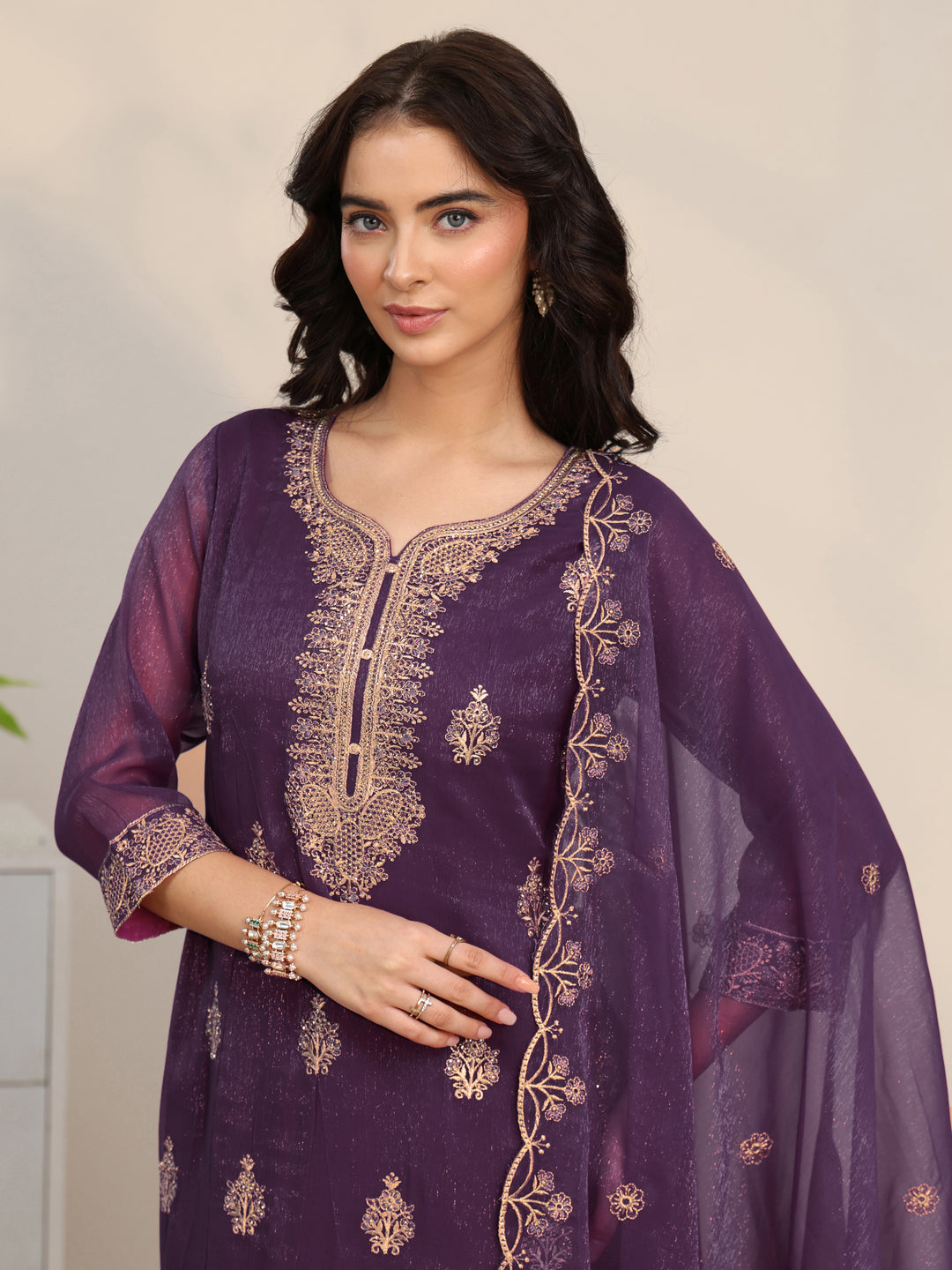  Libas Burgundy Embroidered Chinon Straight Suit Set 