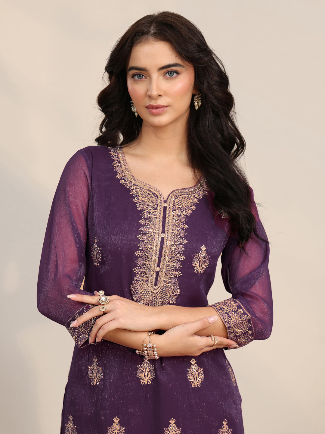  Libas Burgundy Embroidered Chinon Straight Suit Set 