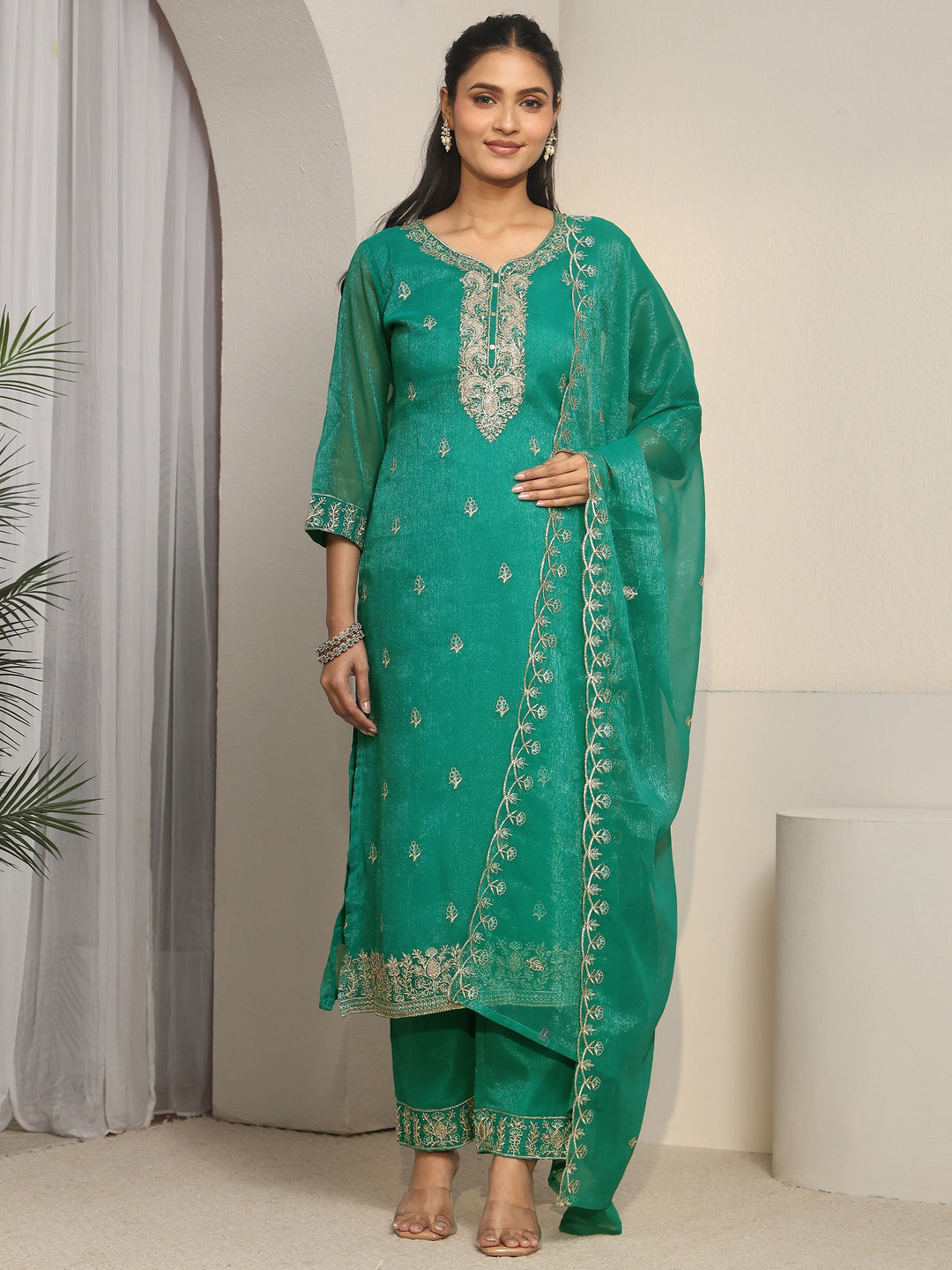  Libas Sea Green Floral Embroidered Chinon Straight Suit Set 