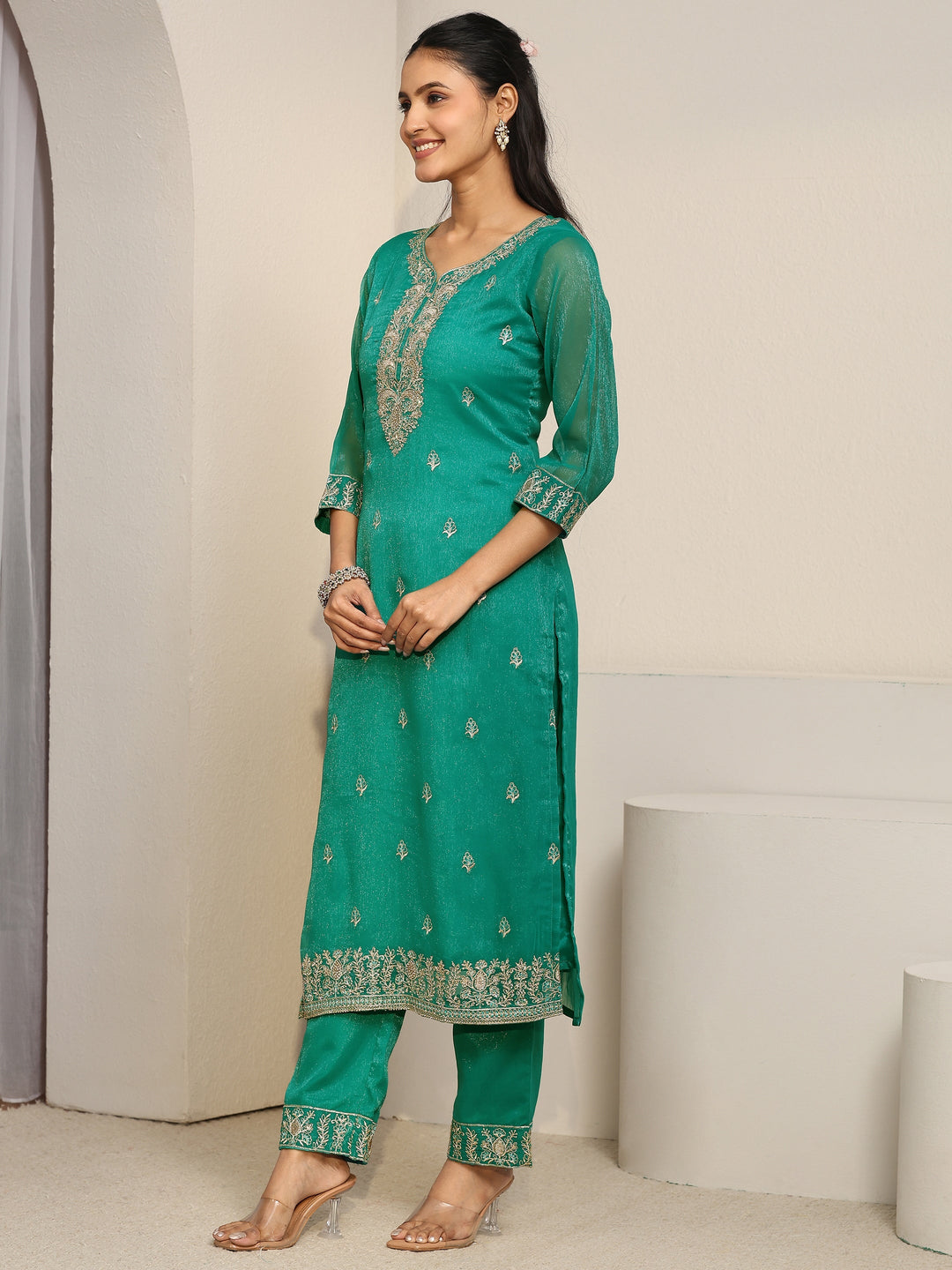  Libas Sea Green Floral Embroidered Chinon Straight Suit Set 