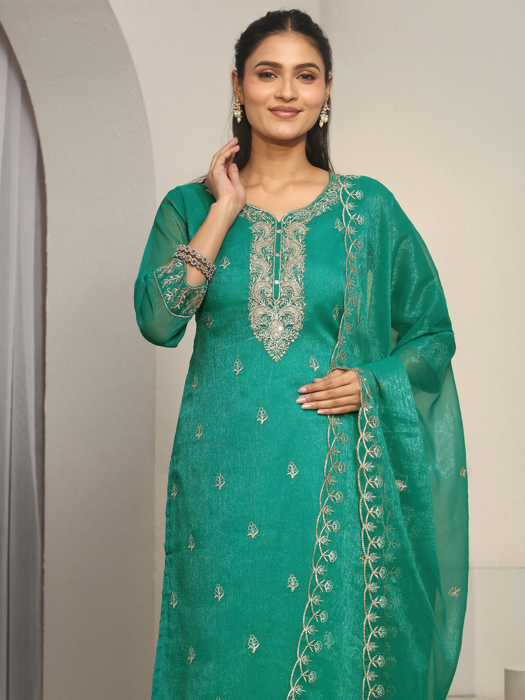 Libas Sea Green Floral Embroidered Chinon Straight Suit Set 