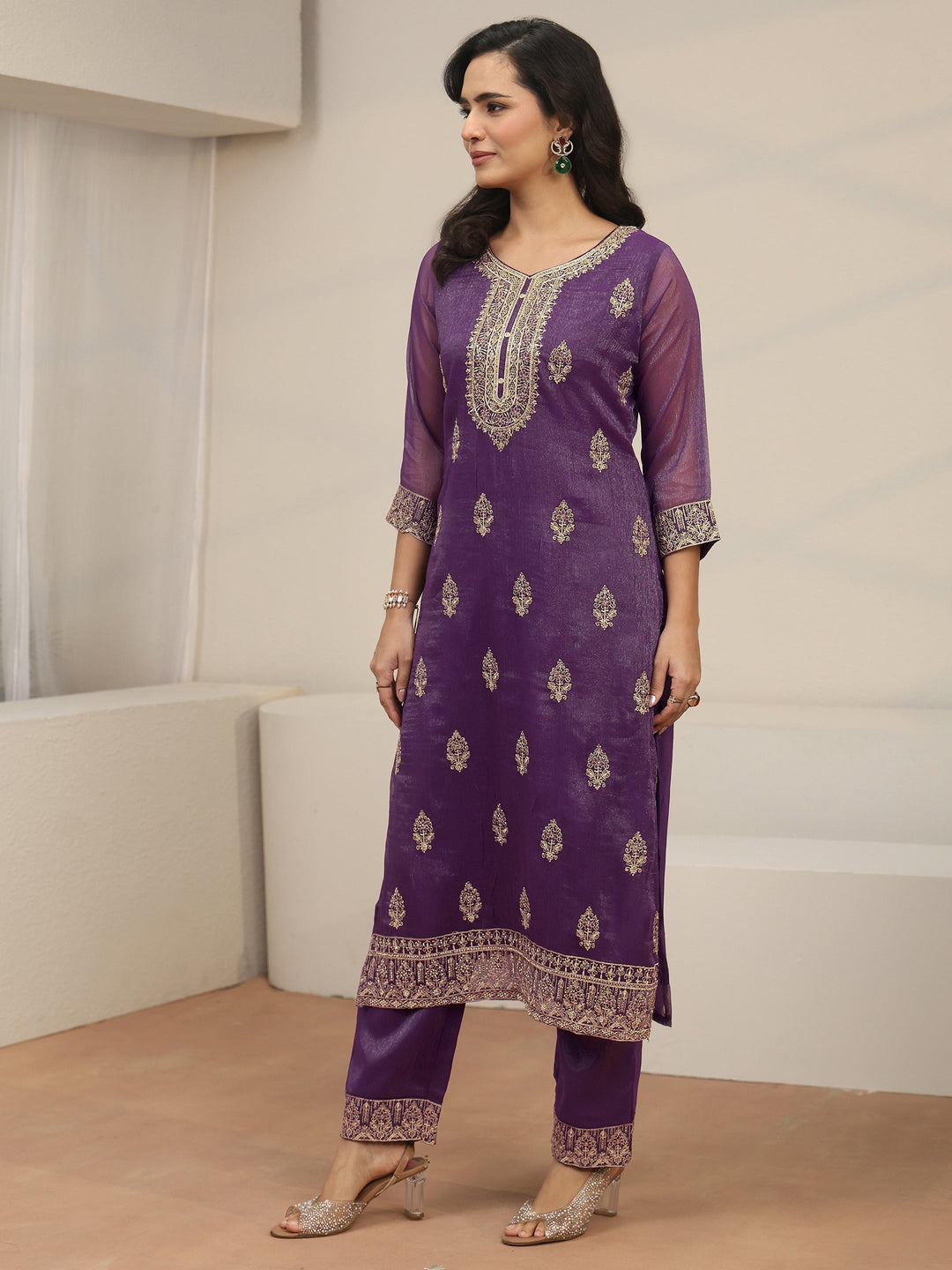  Libas Purple Floral Embroidered Chinon Straight Suit Set 