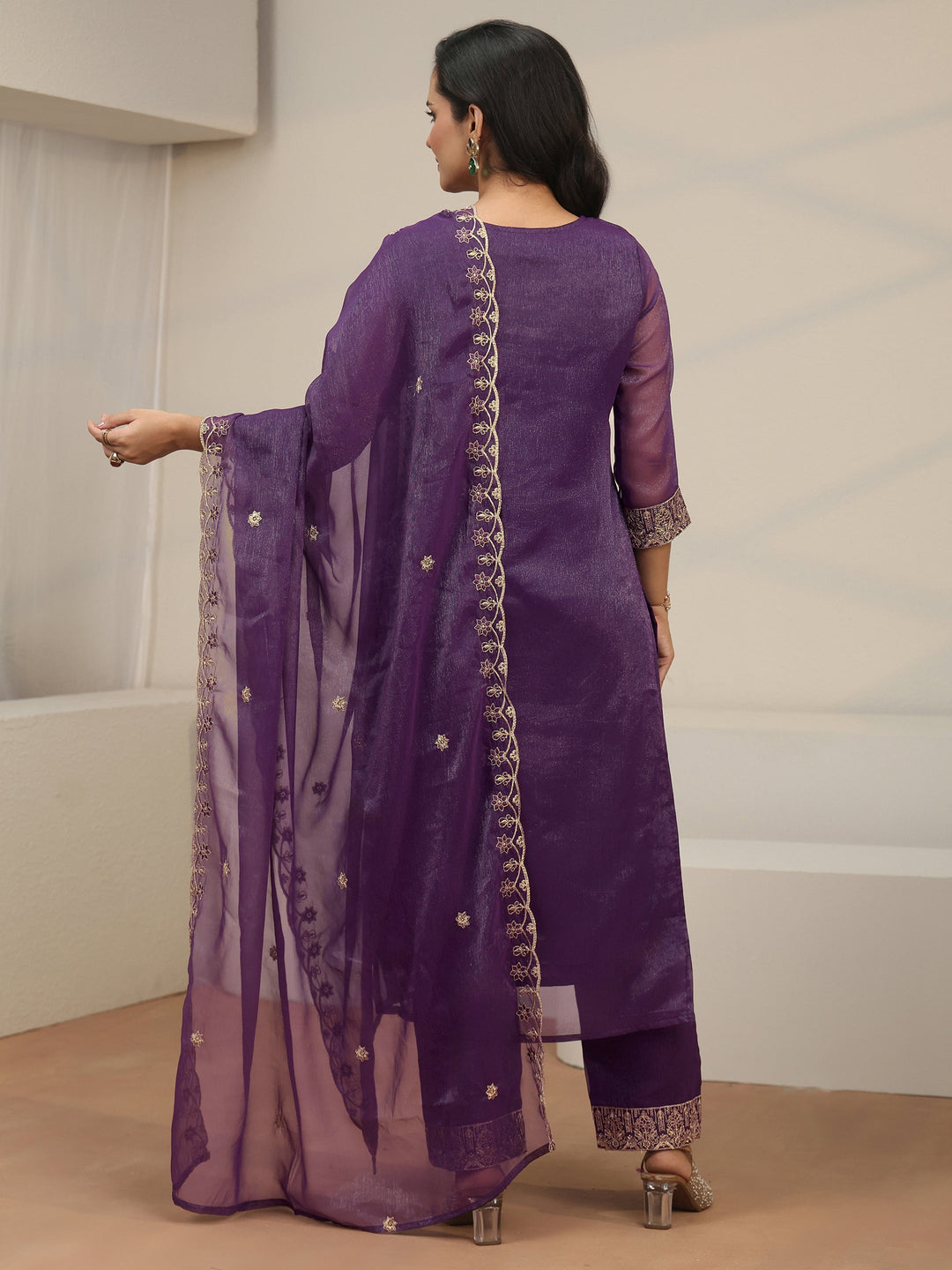  Libas Purple Floral Embroidered Chinon Straight Suit Set 