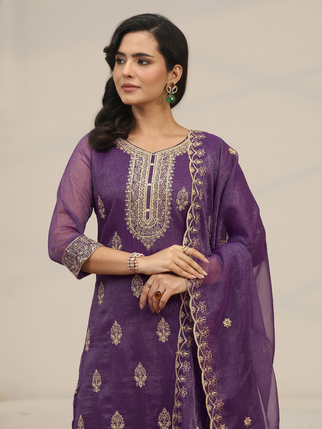  Libas Purple Floral Embroidered Chinon Straight Suit Set 