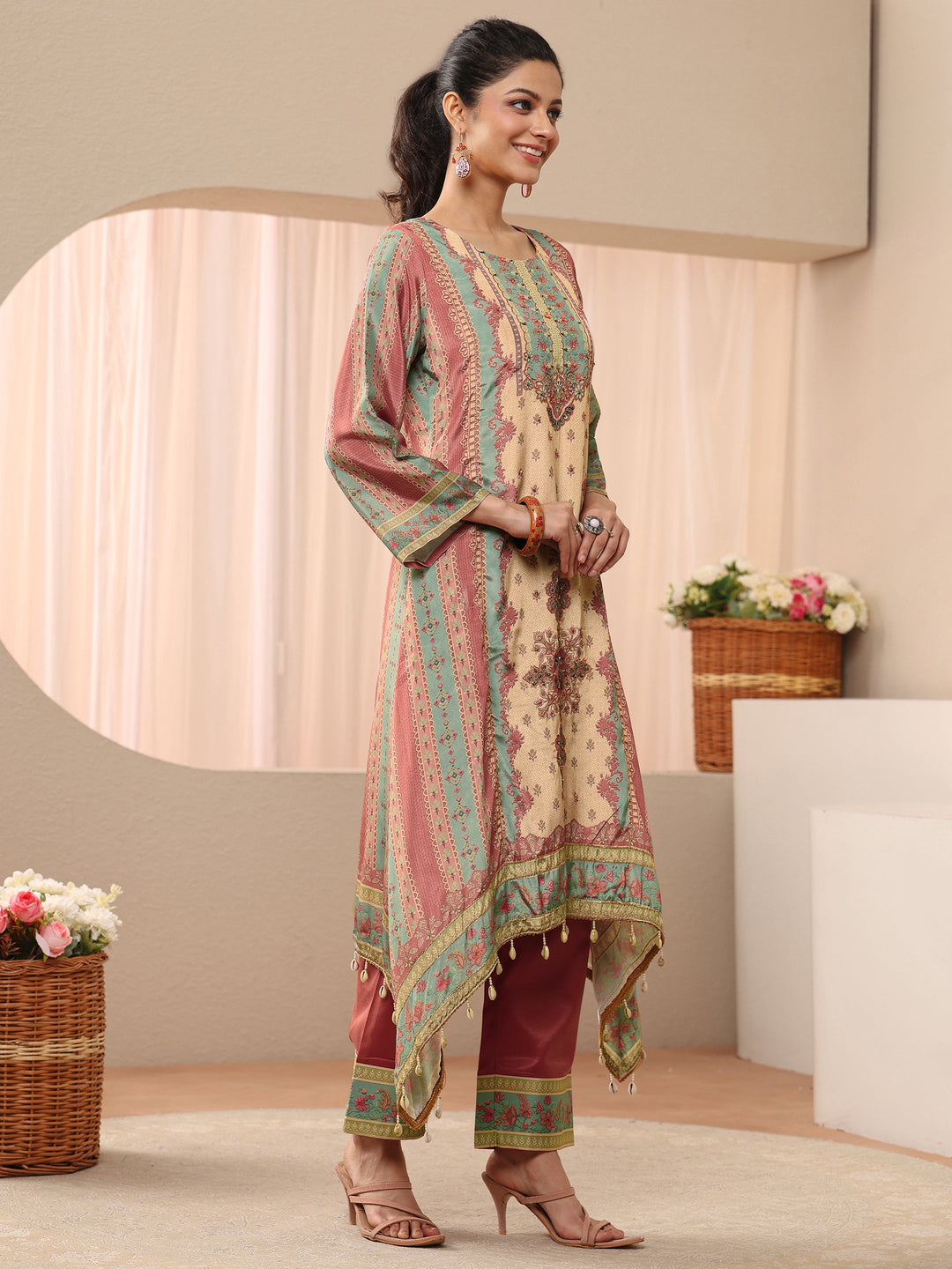  Beige Floral Printed Muslin A-Line Suit Set 