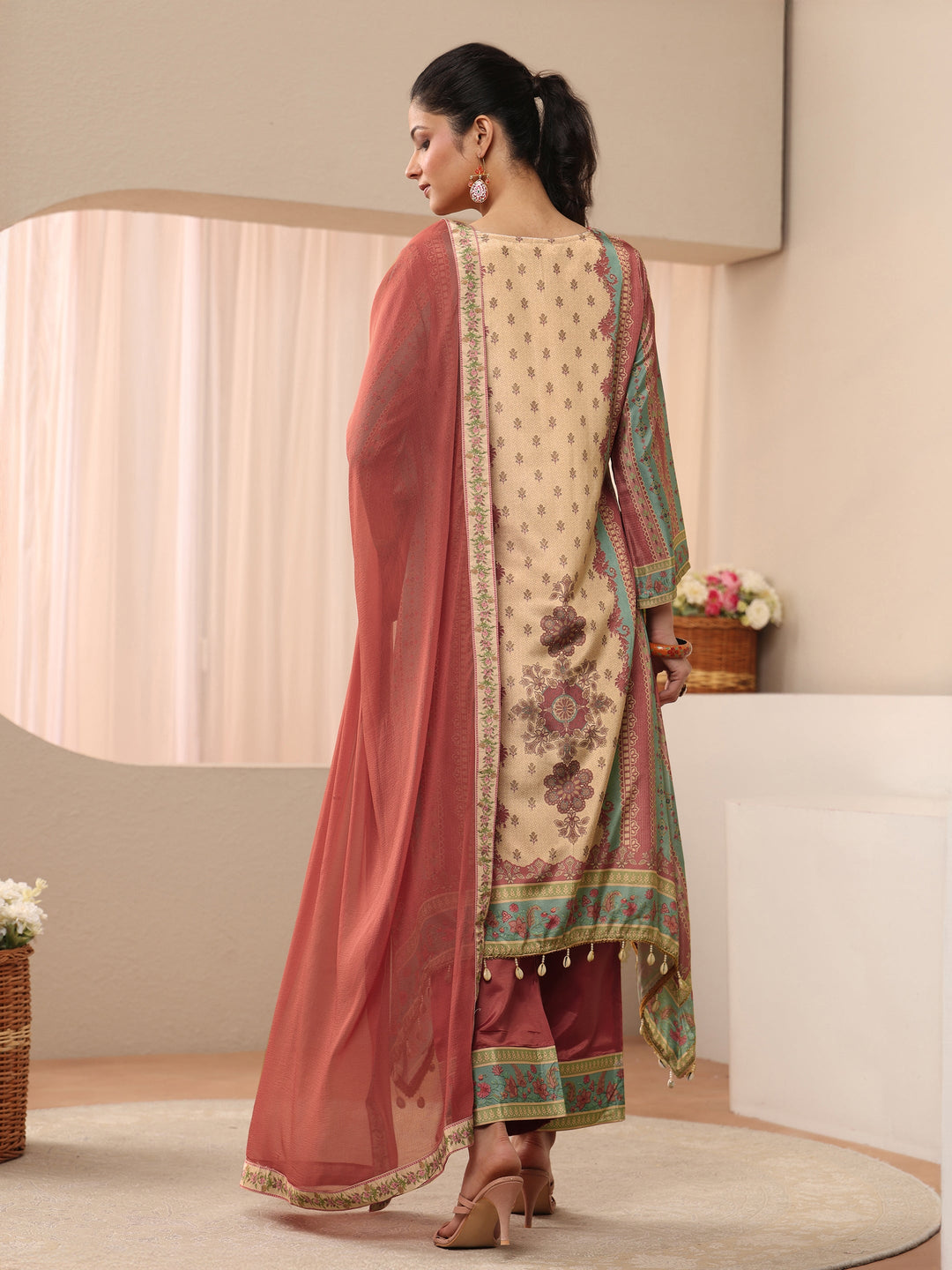  Beige Floral Printed Muslin A-Line Suit Set 