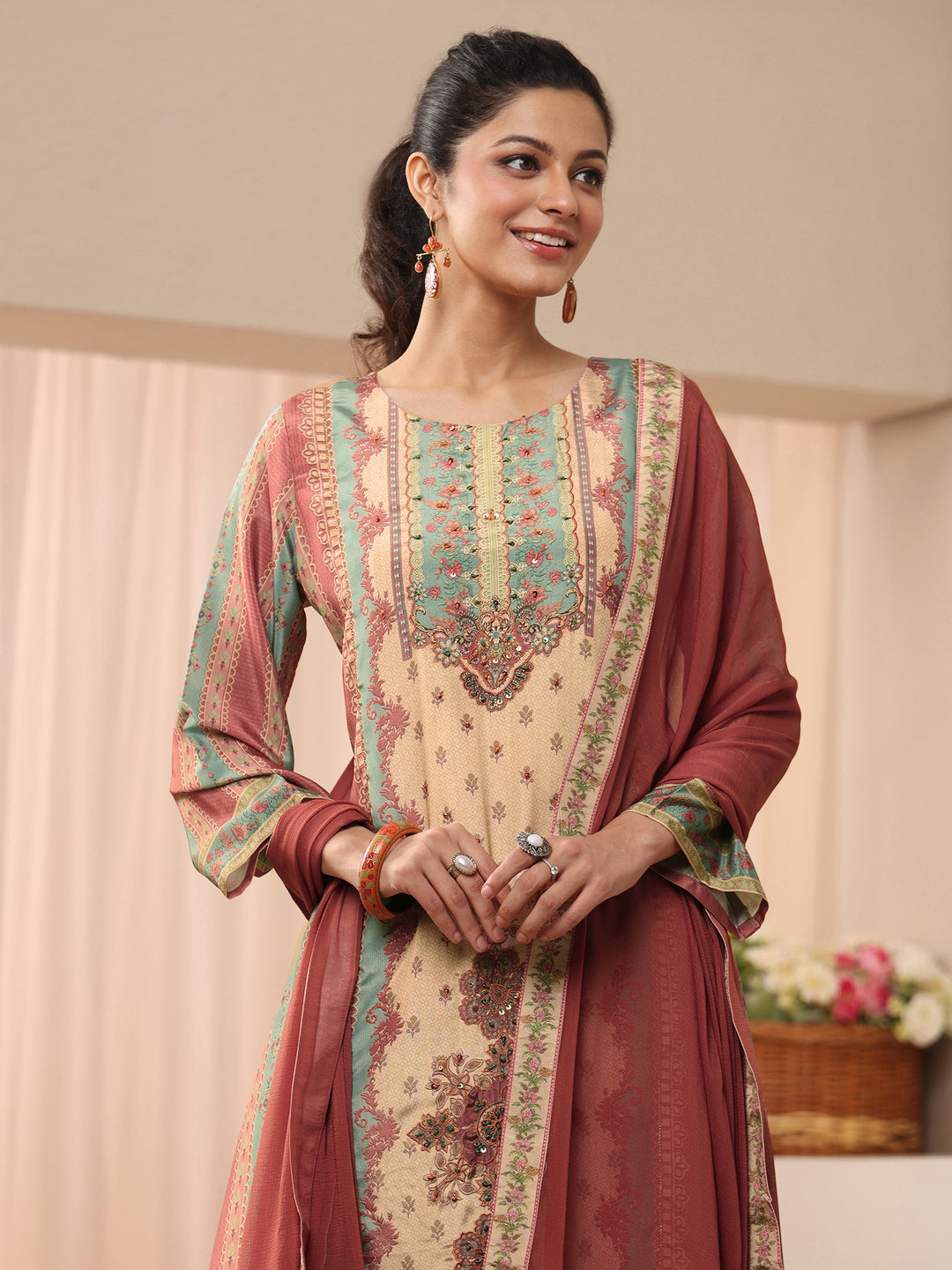  Beige Floral Printed Muslin A-Line Suit Set 