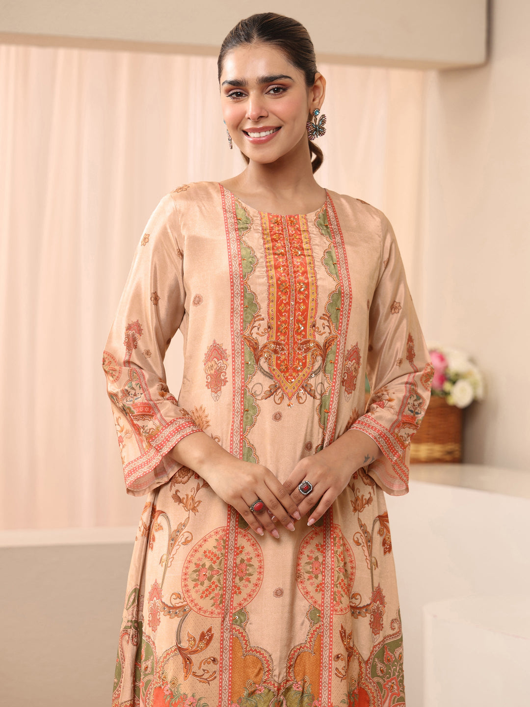  Beige Floral Printed Muslin A-Line Suit Set 