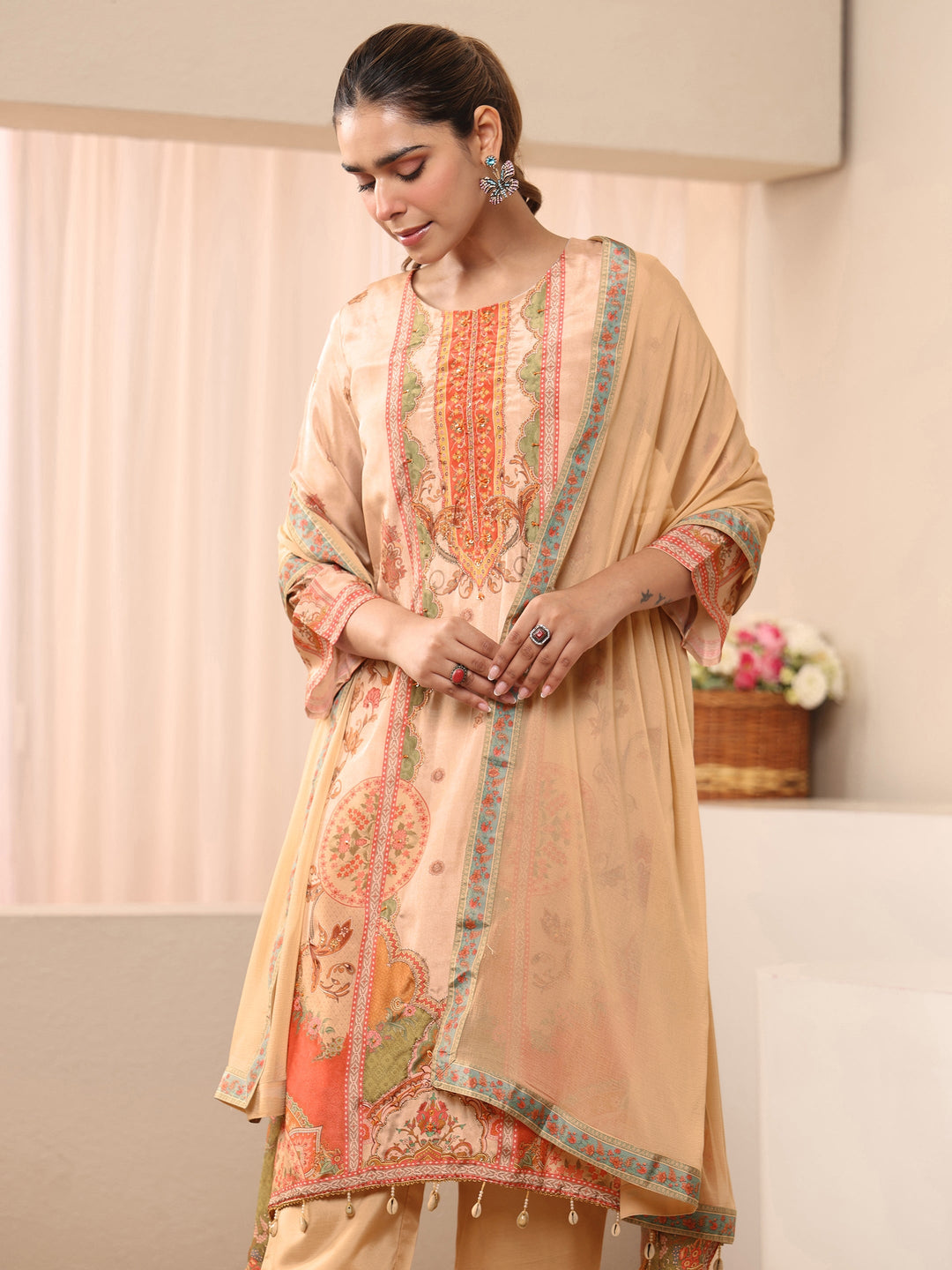  Beige Floral Printed Muslin A-Line Suit Set 