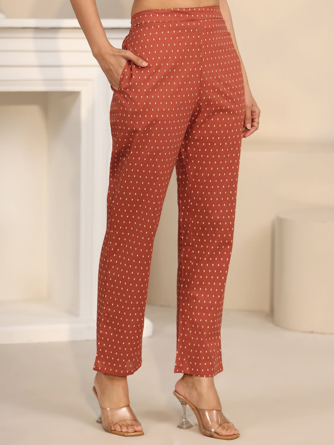 Libas Rust Brown Printed Cotton A-line Suit Set 