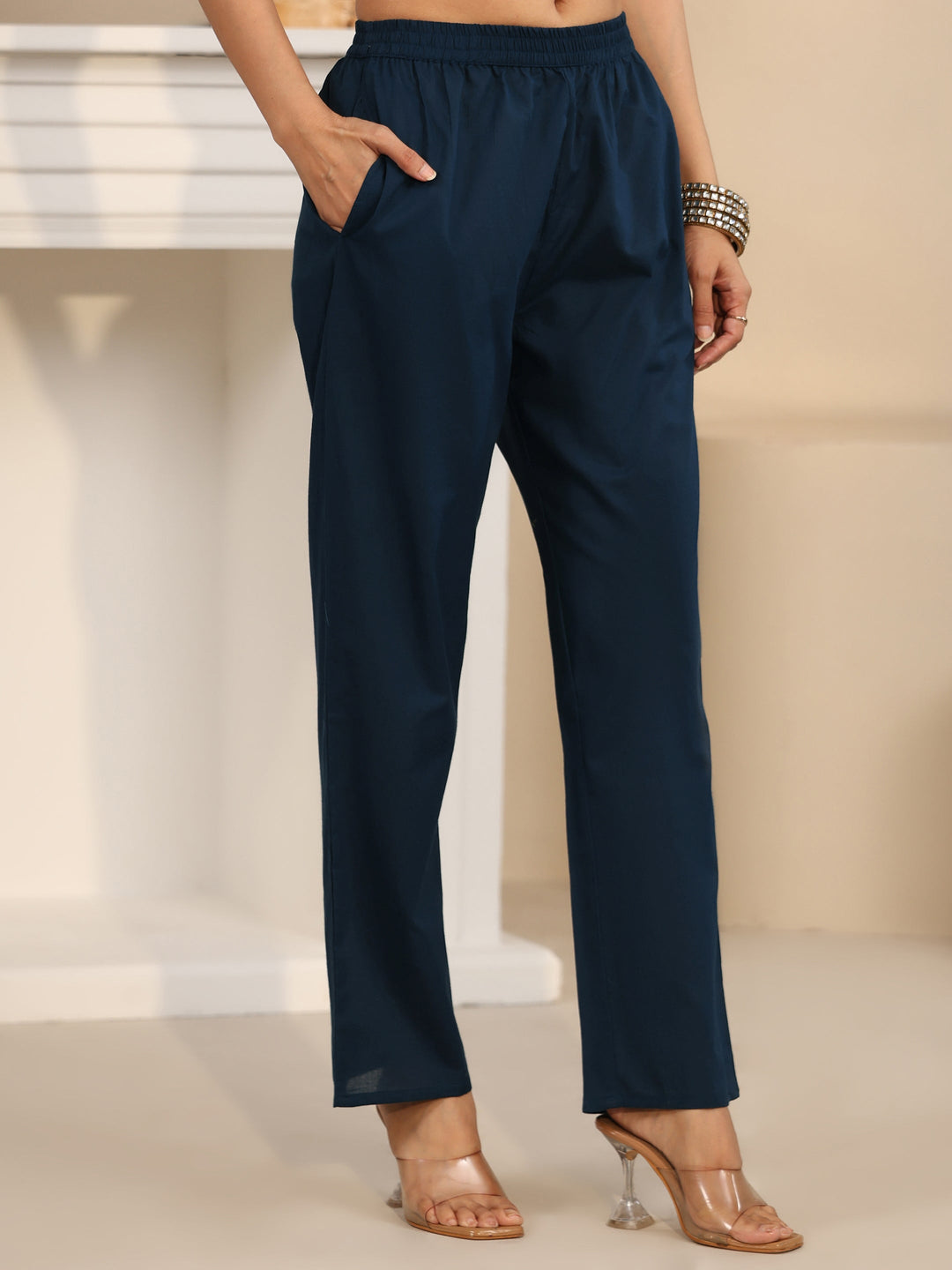  Libas Teal Blue Circular Print Cotton Straight Suit Set 
