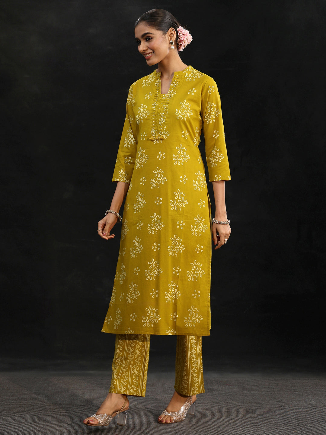  Libas Mustard Bandhani Cotton Straight Suit Set 
