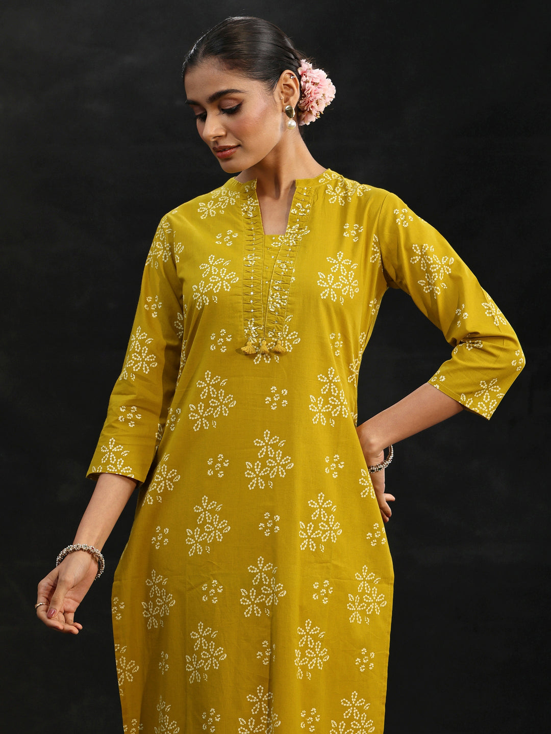  Libas Mustard Bandhani Cotton Straight Suit Set 