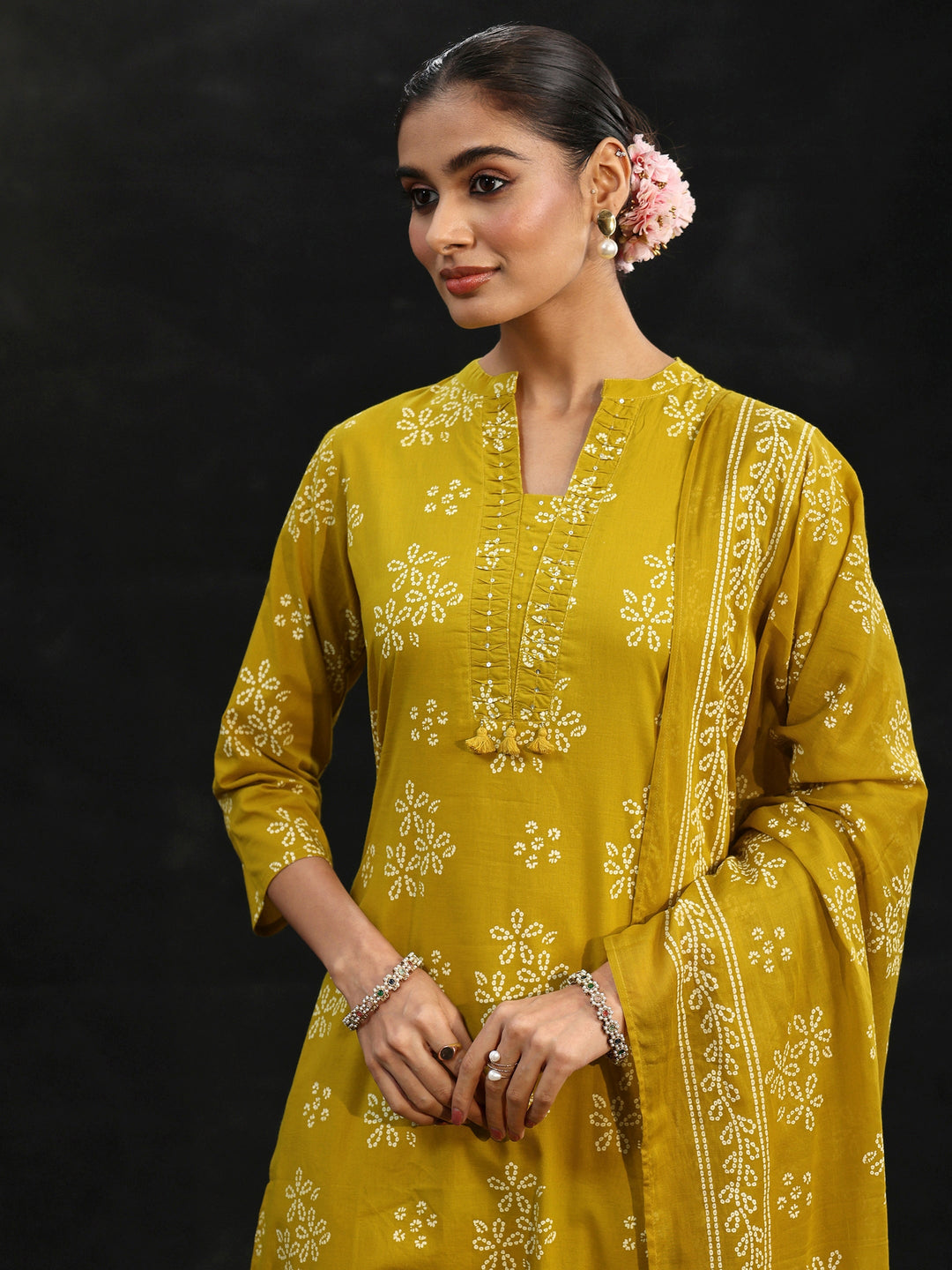  Libas Mustard Bandhani Cotton Straight Suit Set 