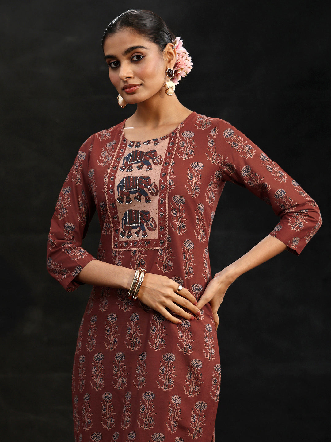  Libas Rust Brown Ajrakh-Inspired Cotton Straight Suit Set 