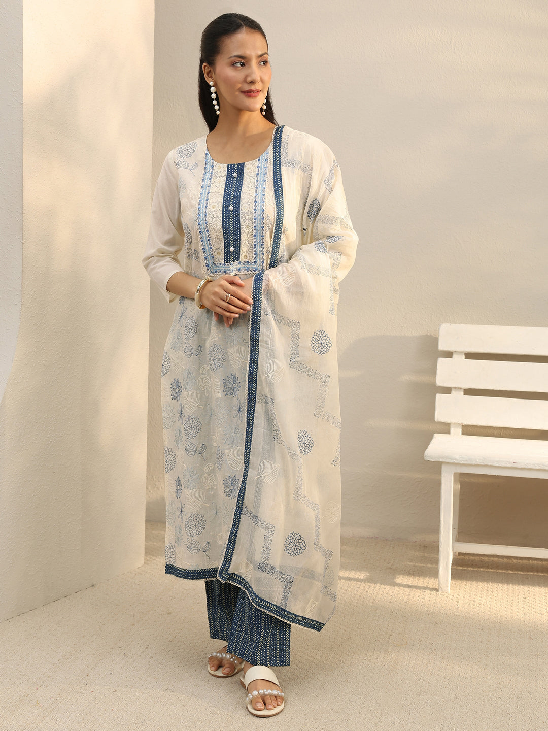  Off White Floral Embroidered Cotton Straight Suit Set 