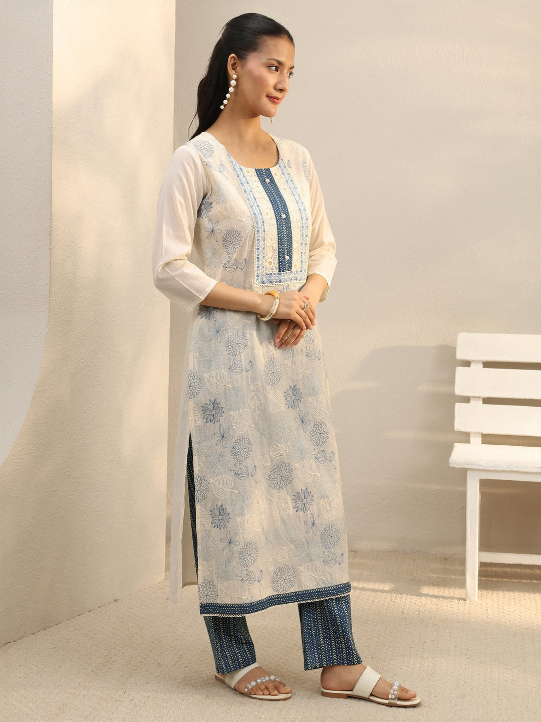  Off White Floral Embroidered Cotton Straight Suit Set 
