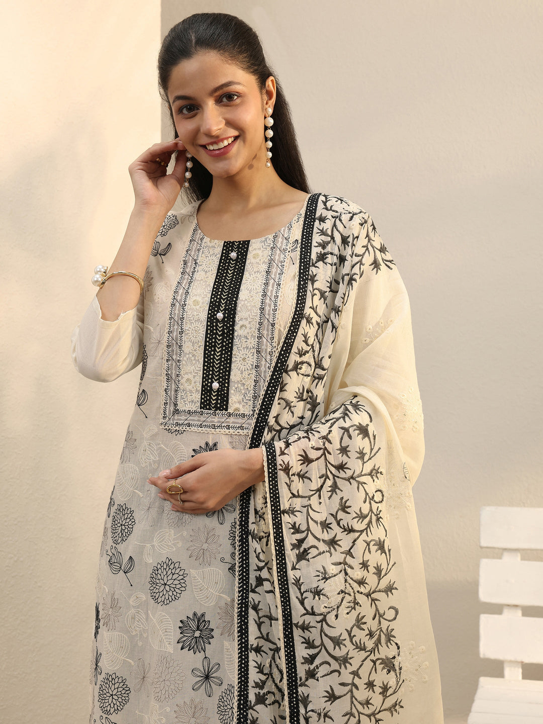  Off White Floral Embroidered Cotton Straight Suit Set 