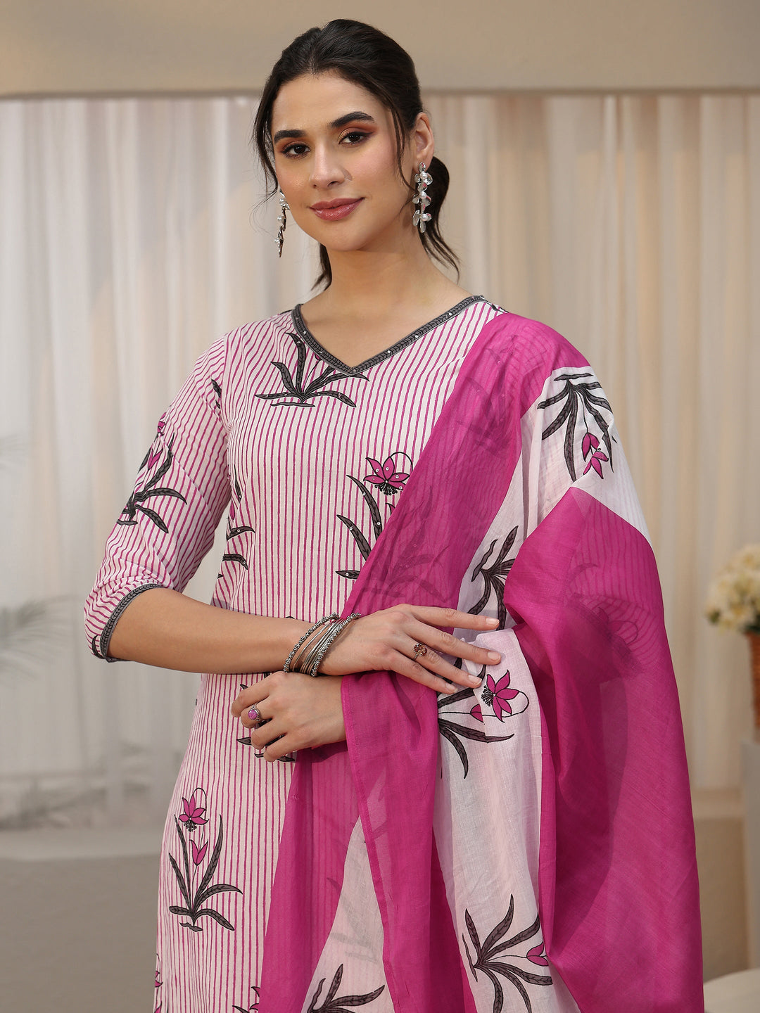  Libas Soft Pink Floral Printed Cotton Straight Suit Set 