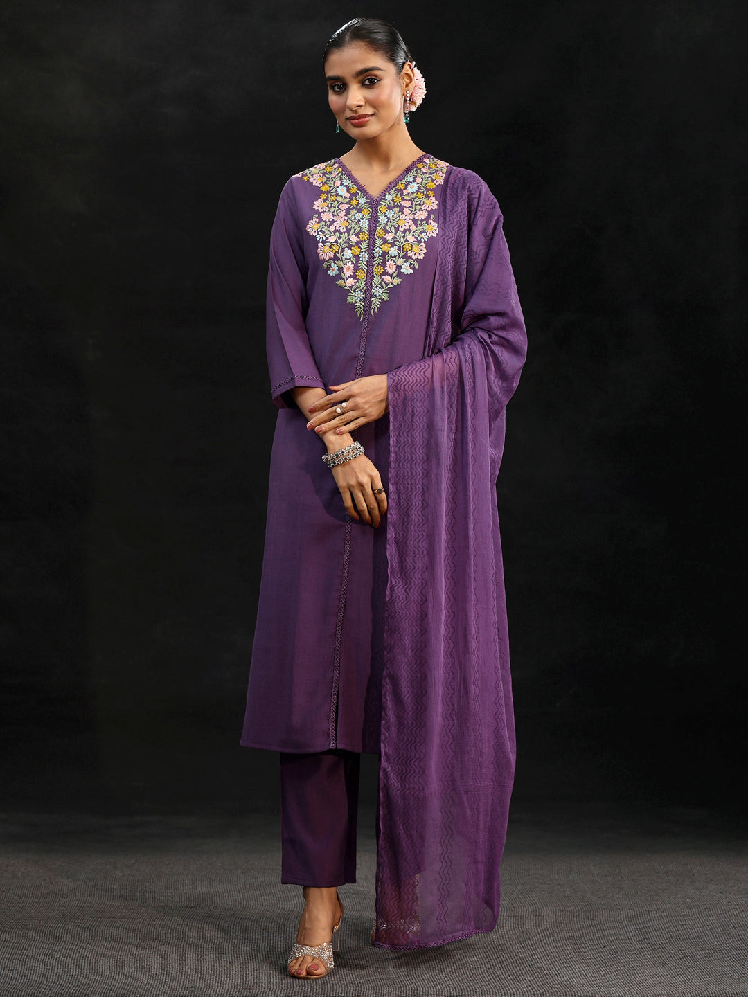  Libas Purple Floral Embroidered Yoke Design Silk Blend Straight Suit Set 