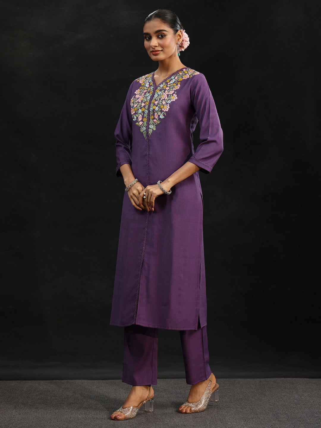  Libas Purple Floral Embroidered Yoke Design Silk Blend Straight Suit Set 