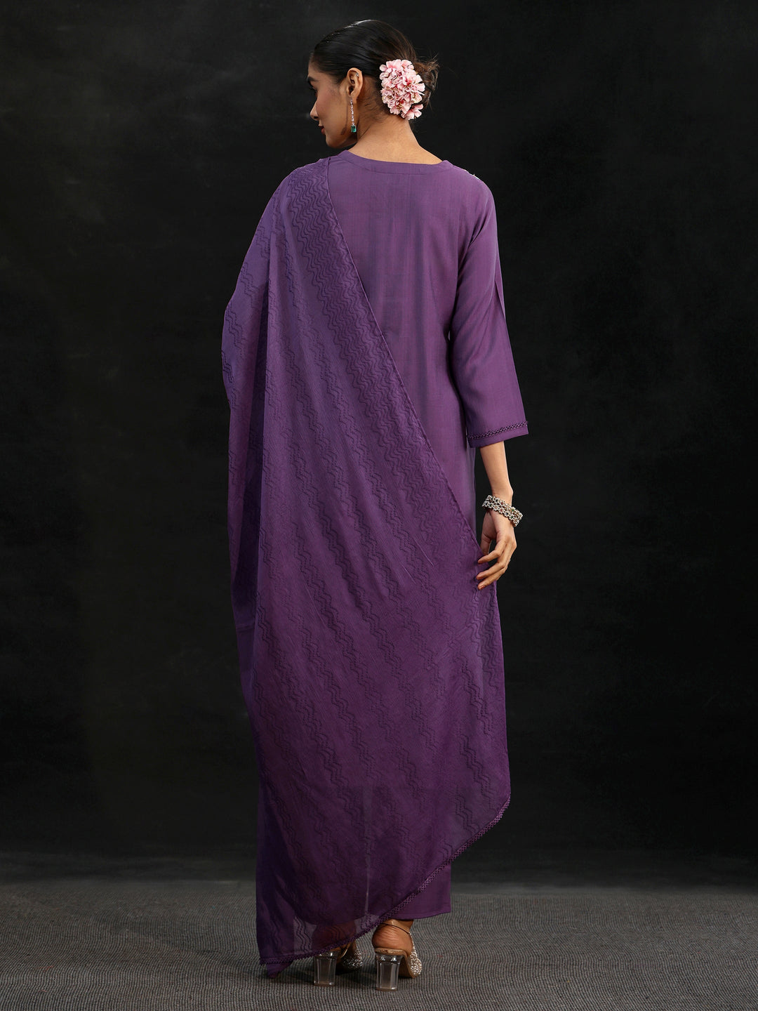  Libas Purple Floral Embroidered Yoke Design Silk Blend Straight Suit Set 