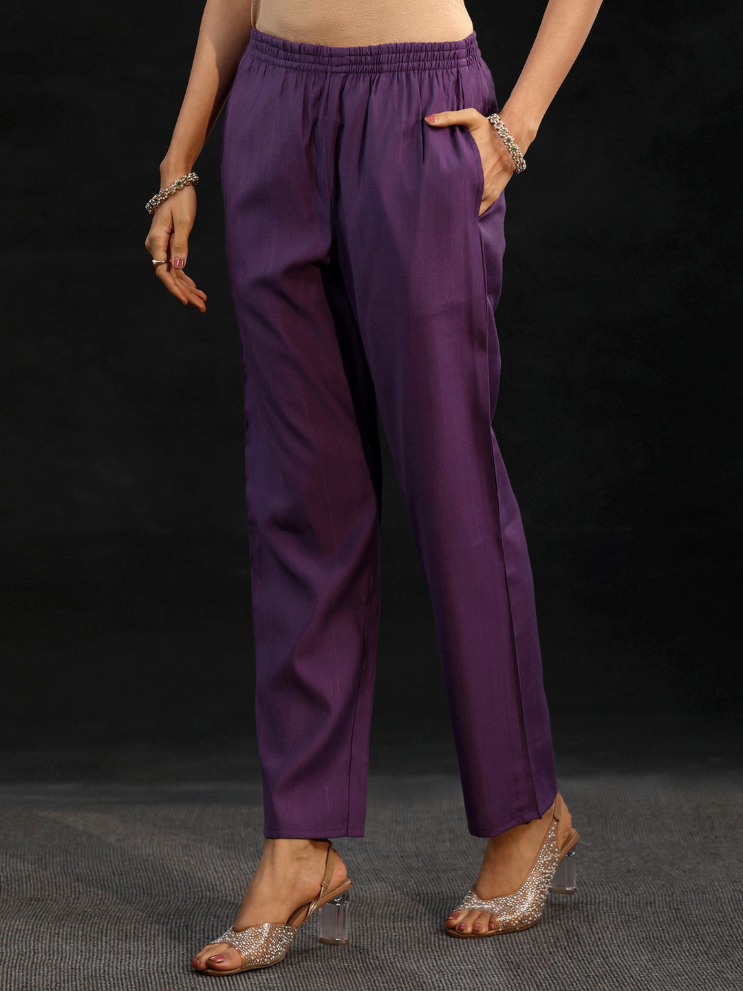  Libas Purple Floral Embroidered Yoke Design Silk Blend Straight Suit Set 