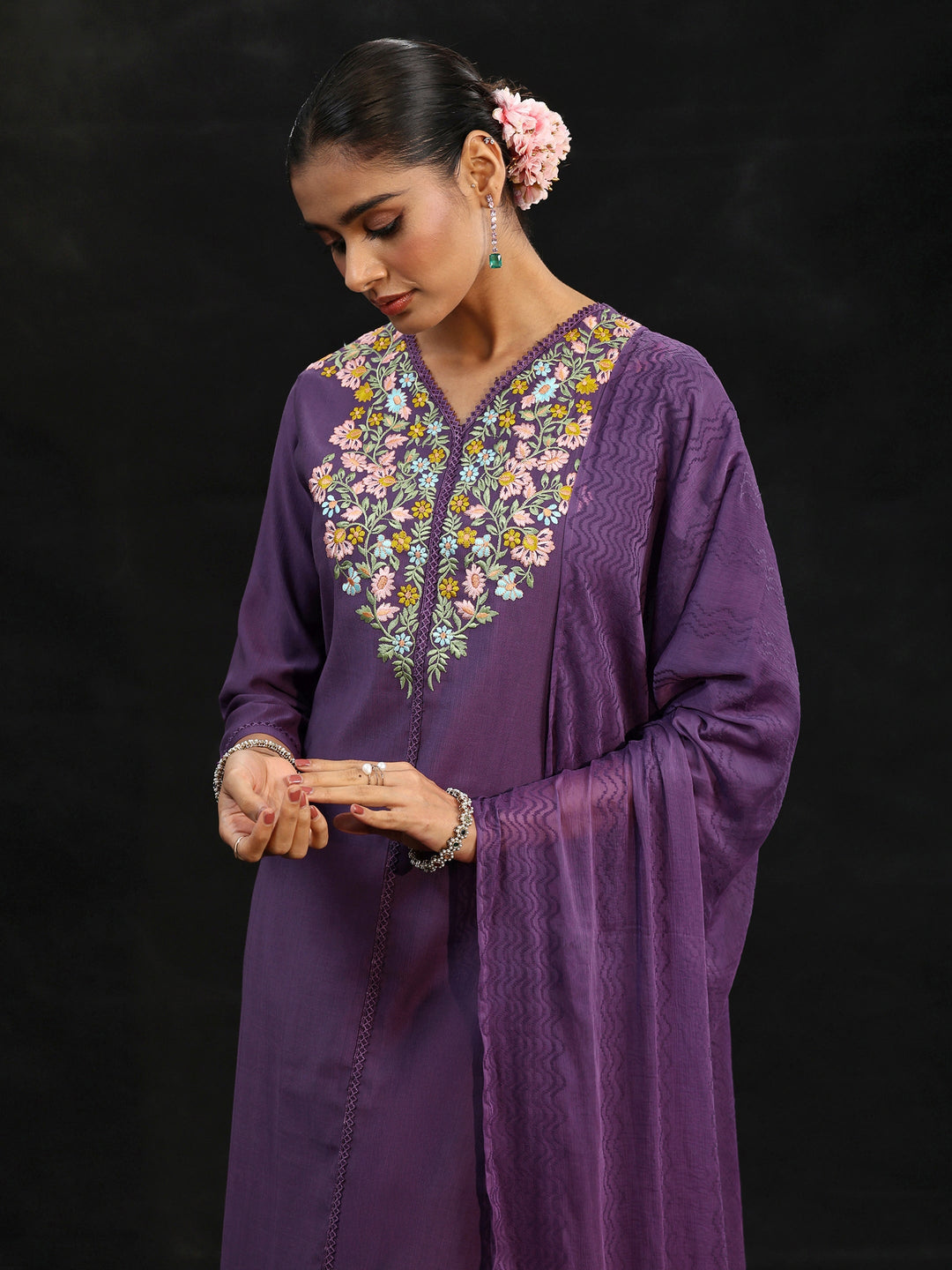  Libas Purple Floral Embroidered Yoke Design Silk Blend Straight Suit Set 
