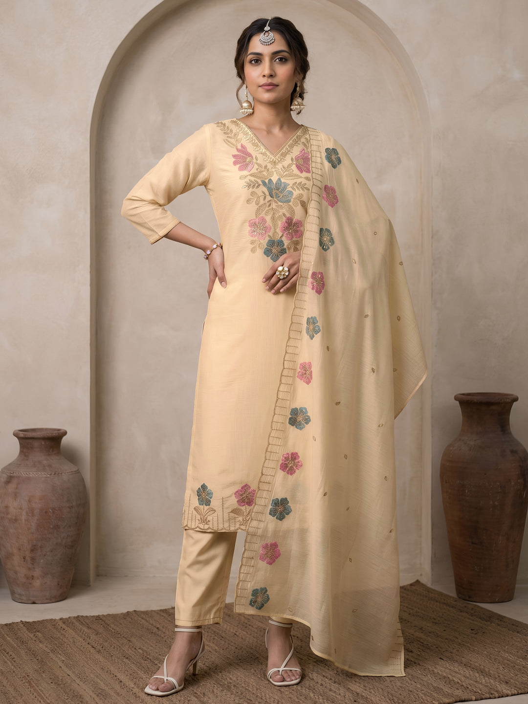  Libas Off White Floral Embroidered Silk Blend Straight Suit Set 
