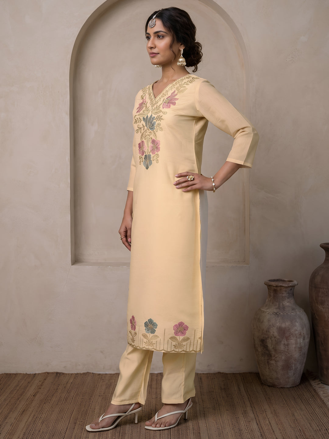  Libas Off White Floral Embroidered Silk Blend Straight Suit Set 