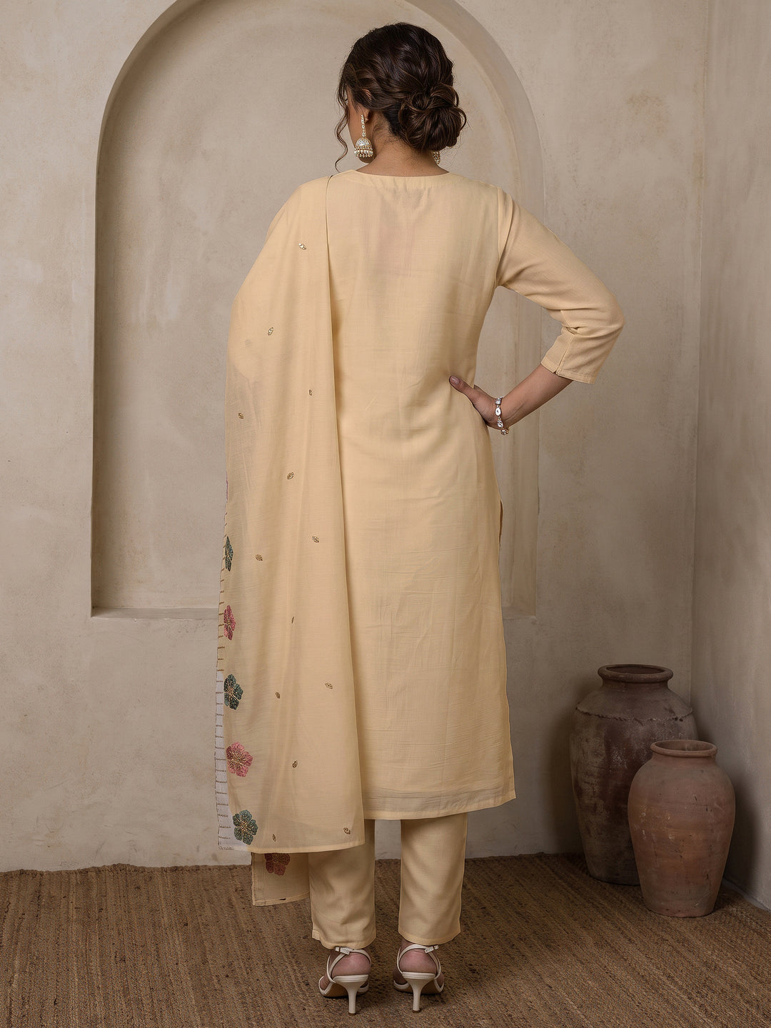  Libas Off White Floral Embroidered Silk Blend Straight Suit Set 