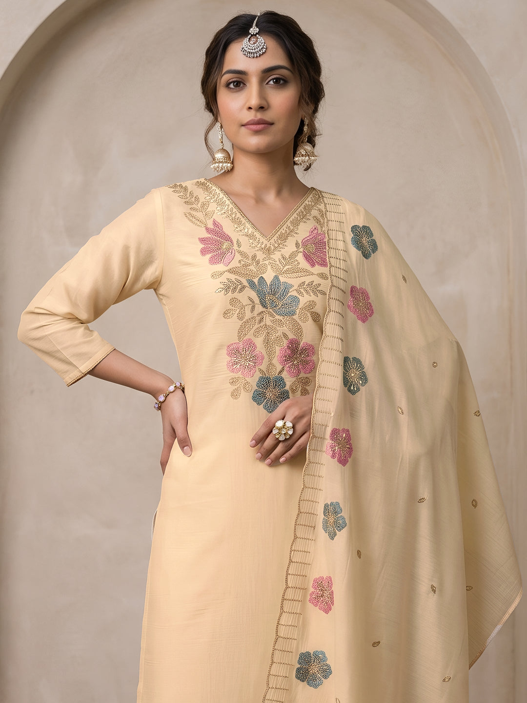  Libas Off White Floral Embroidered Silk Blend Straight Suit Set 