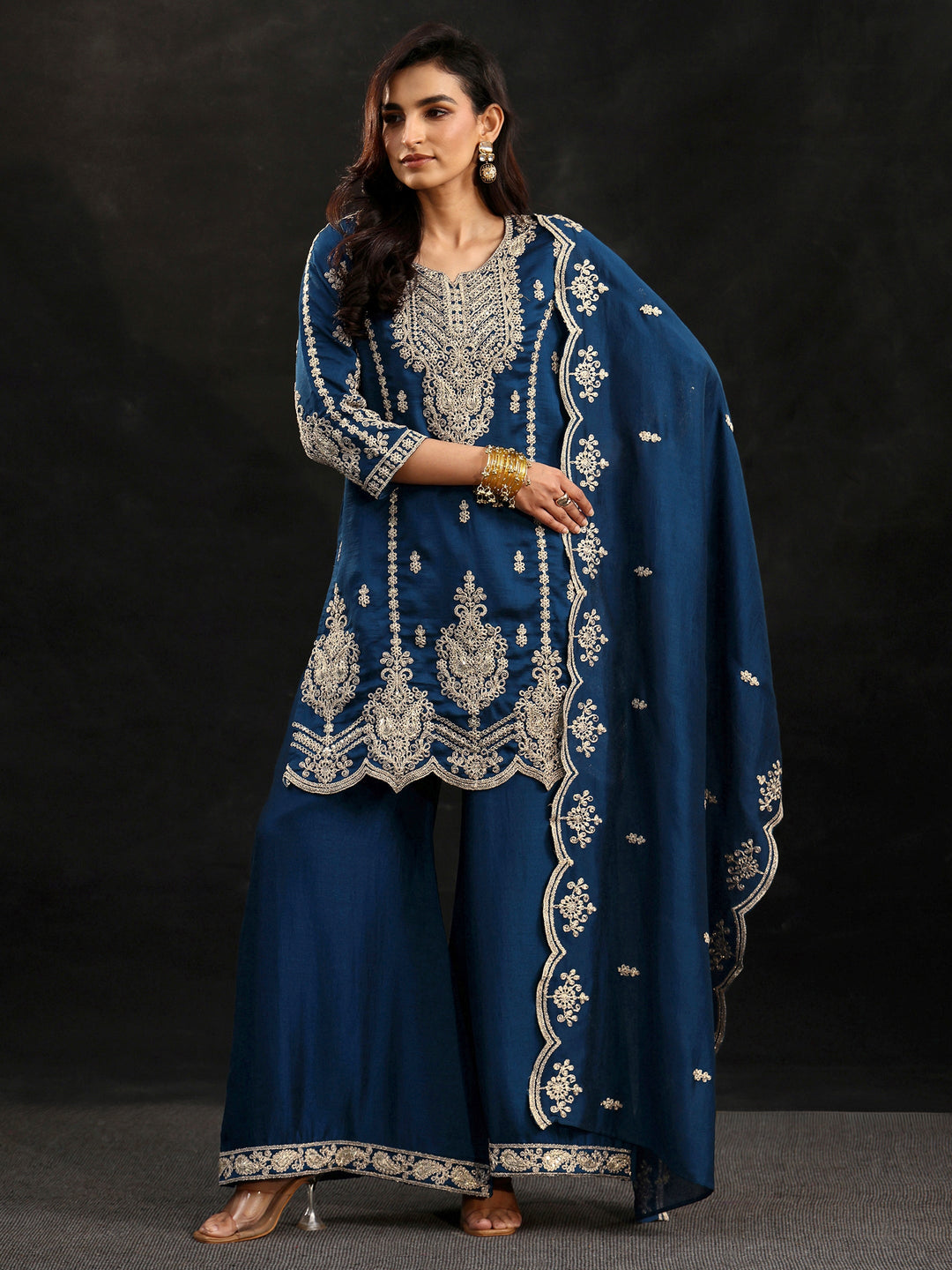 Libas Peacock Blue Embellished Chinon Short Kurta Palazzo Suit Set 