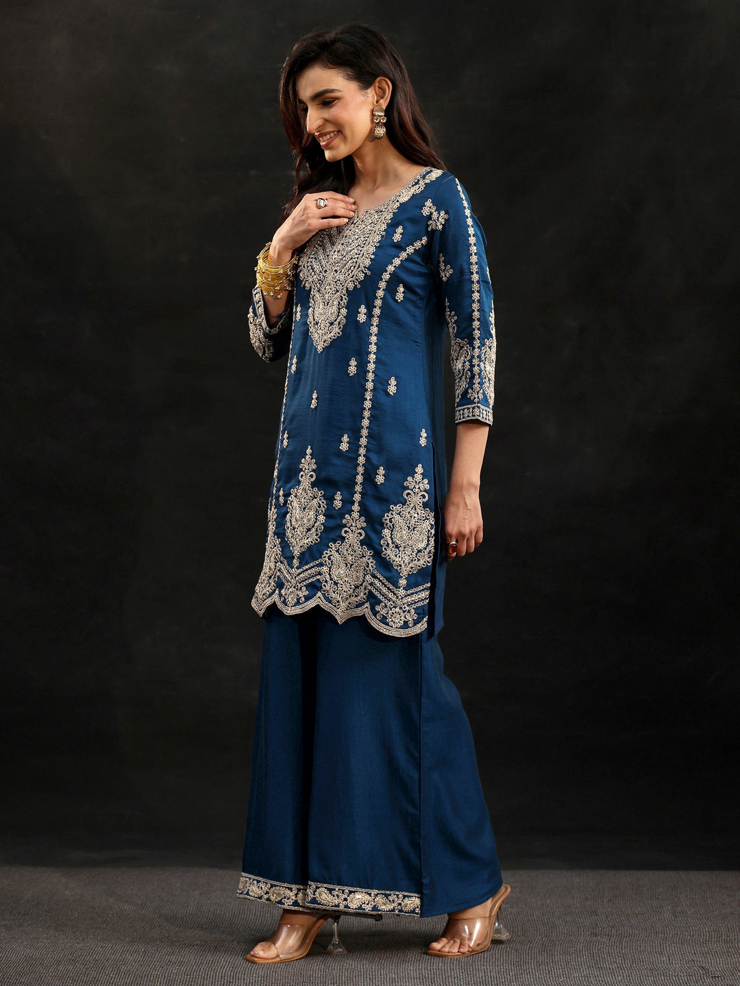  Libas Peacock Blue Embellished Chinon Short Kurta Palazzo Suit Set 