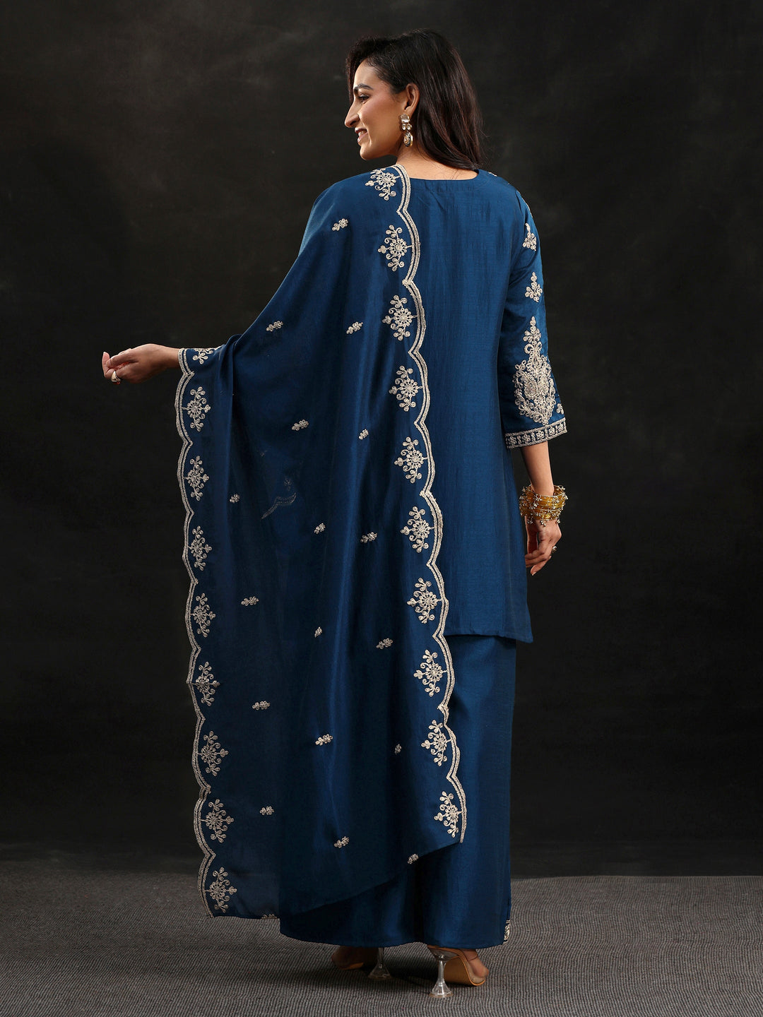  Libas Peacock Blue Embellished Chinon Short Kurta Palazzo Suit Set 