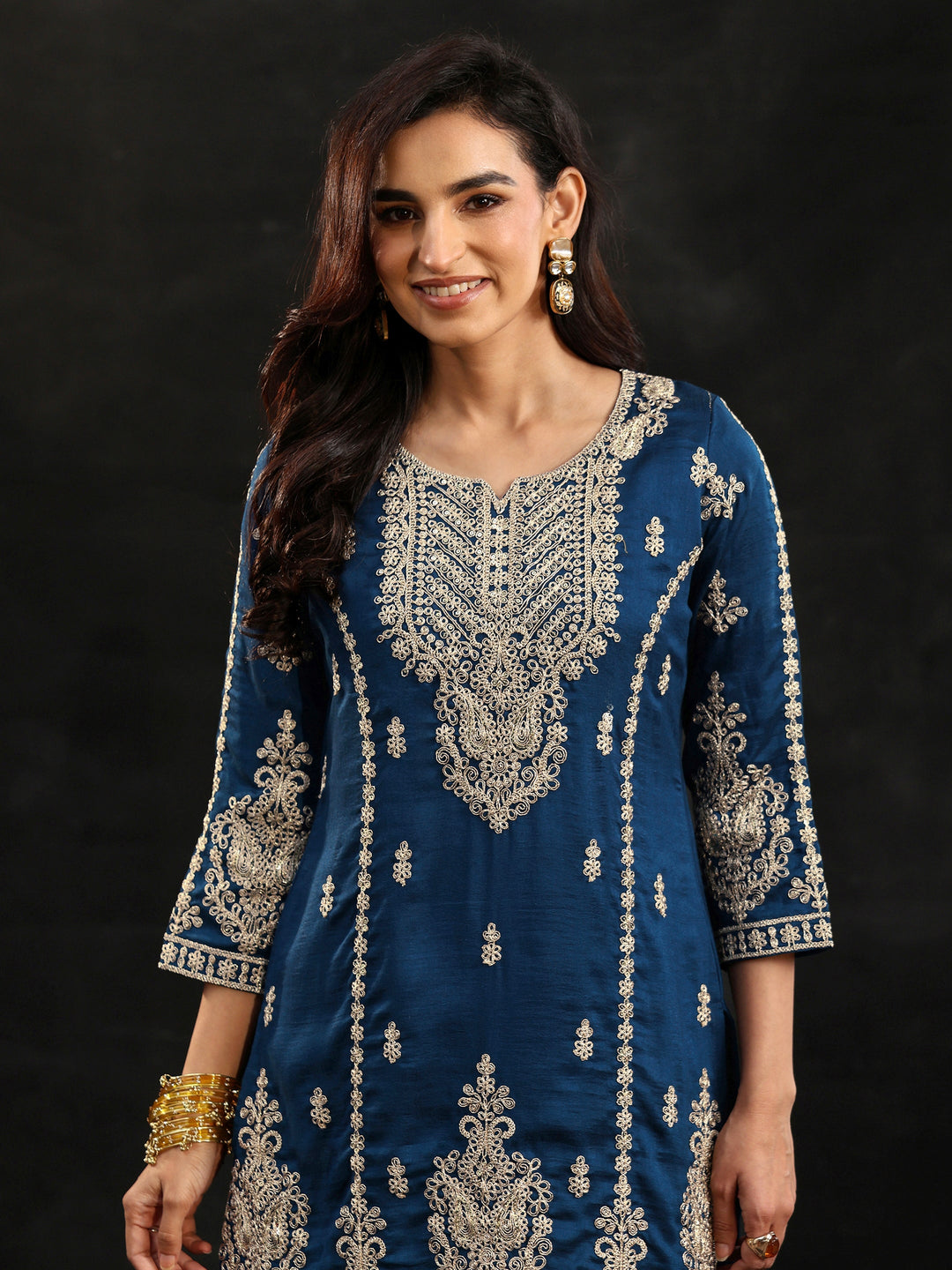  Libas Peacock Blue Embellished Chinon Short Kurta Palazzo Suit Set 