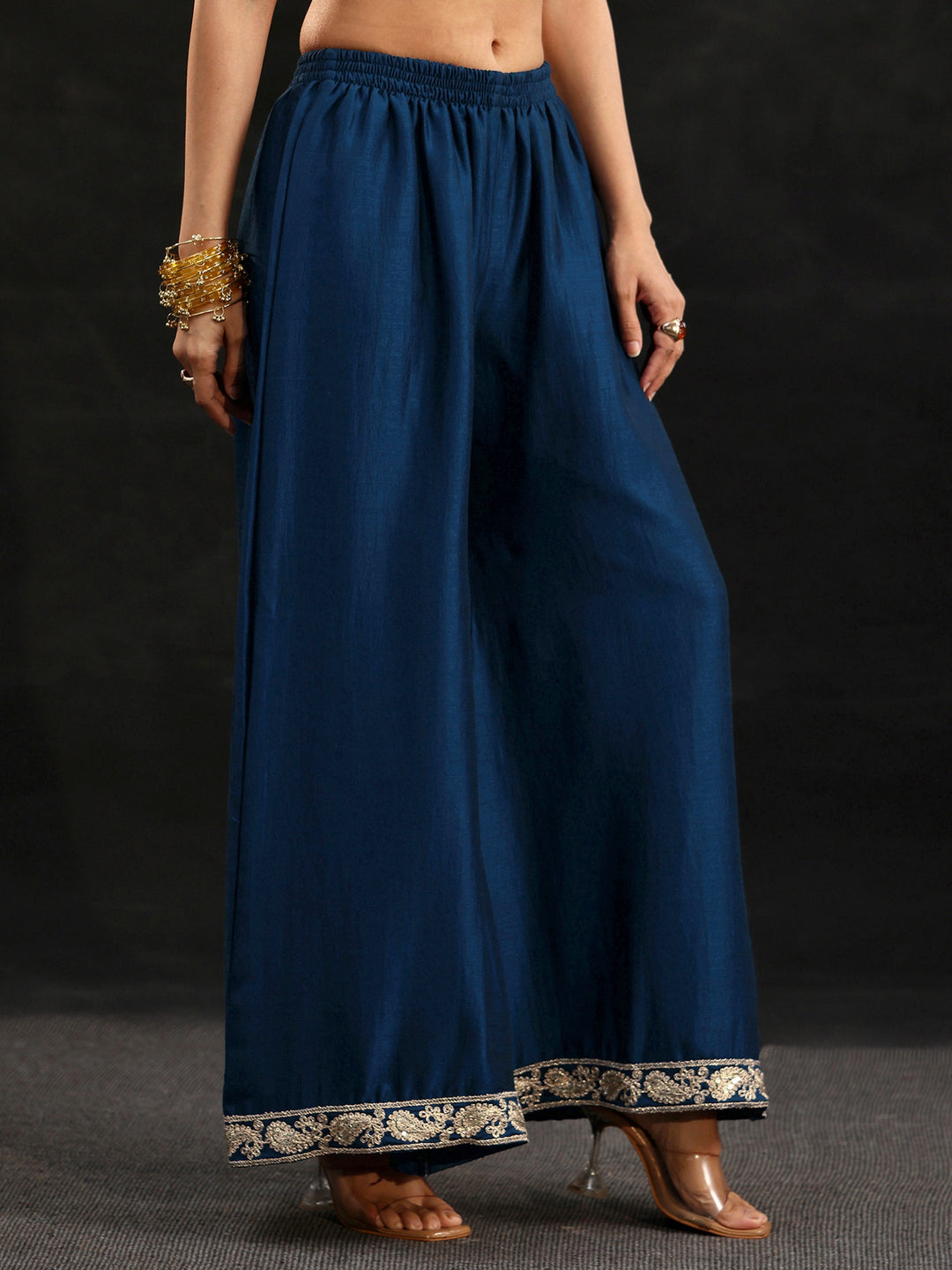 Libas Peacock Blue Embellished Chinon Short Kurta Palazzo Suit Set 