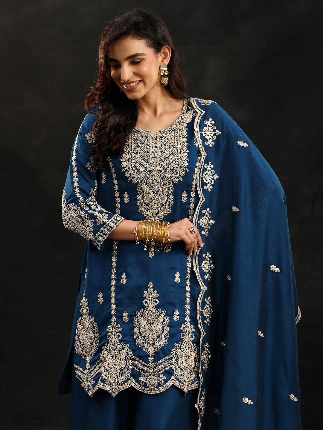  Libas Peacock Blue Embellished Chinon Short Kurta Palazzo Suit Set 