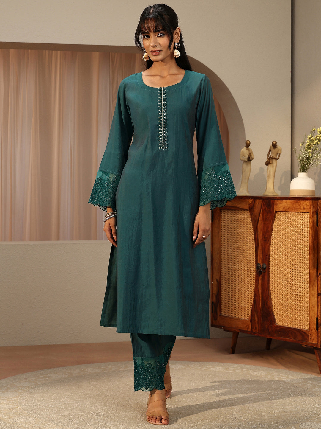 Teal Blue Silk Blend Straight Kurta Set 