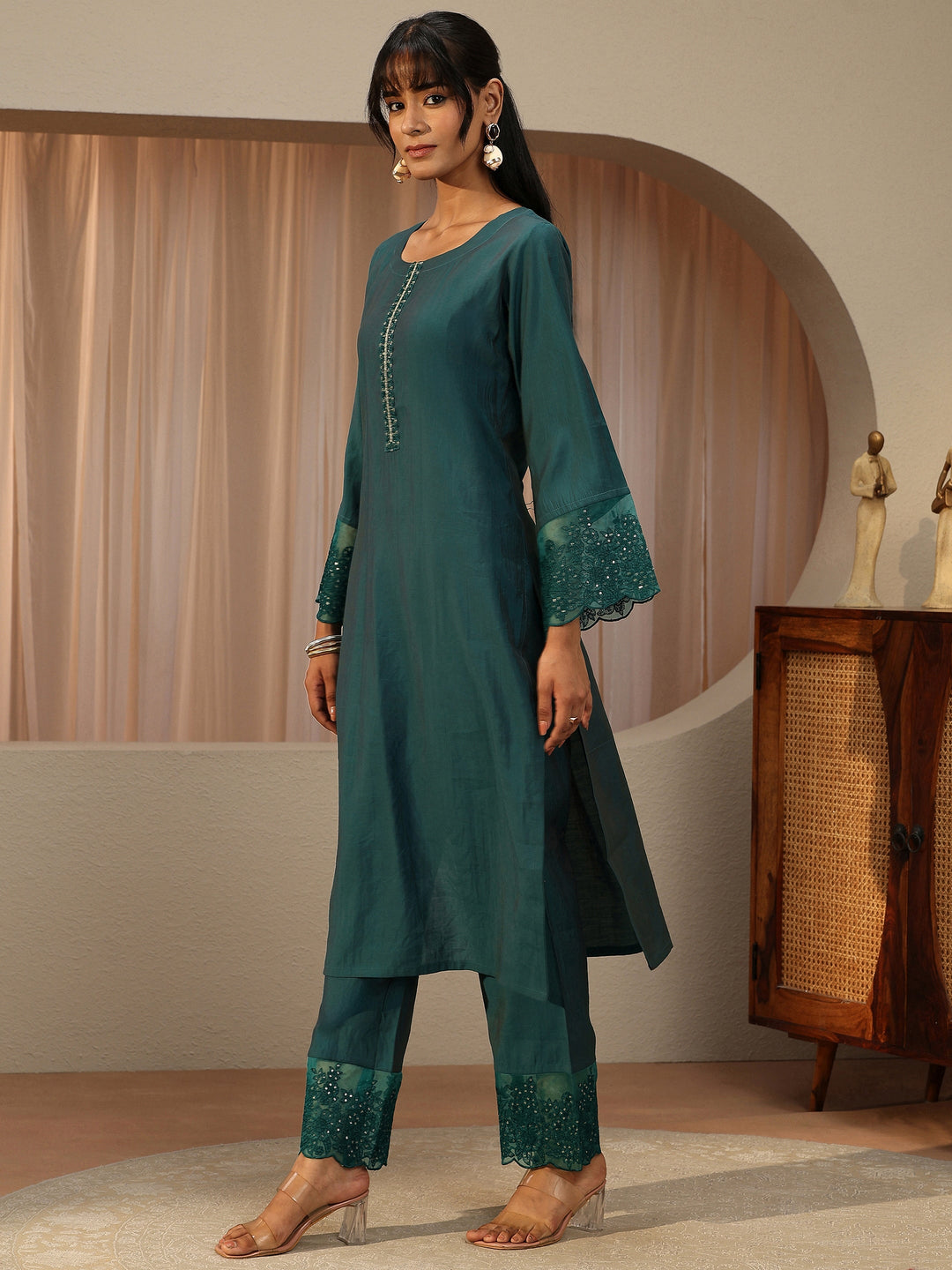  Teal Blue Silk Blend Straight Kurta Set 