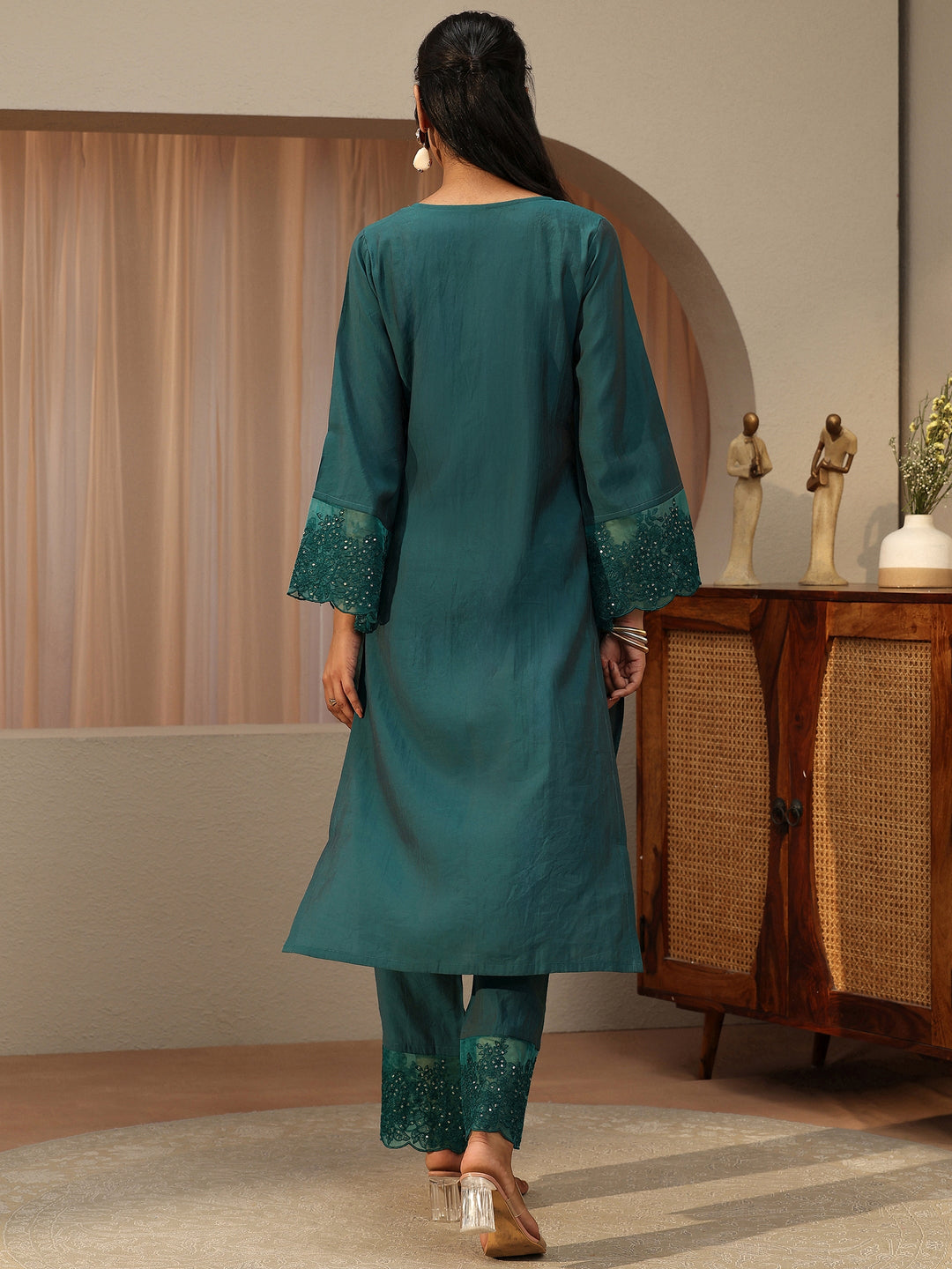  Teal Blue Silk Blend Straight Kurta Set 
