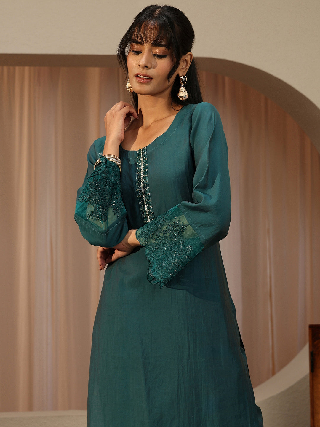  Teal Blue Silk Blend Straight Kurta Set 