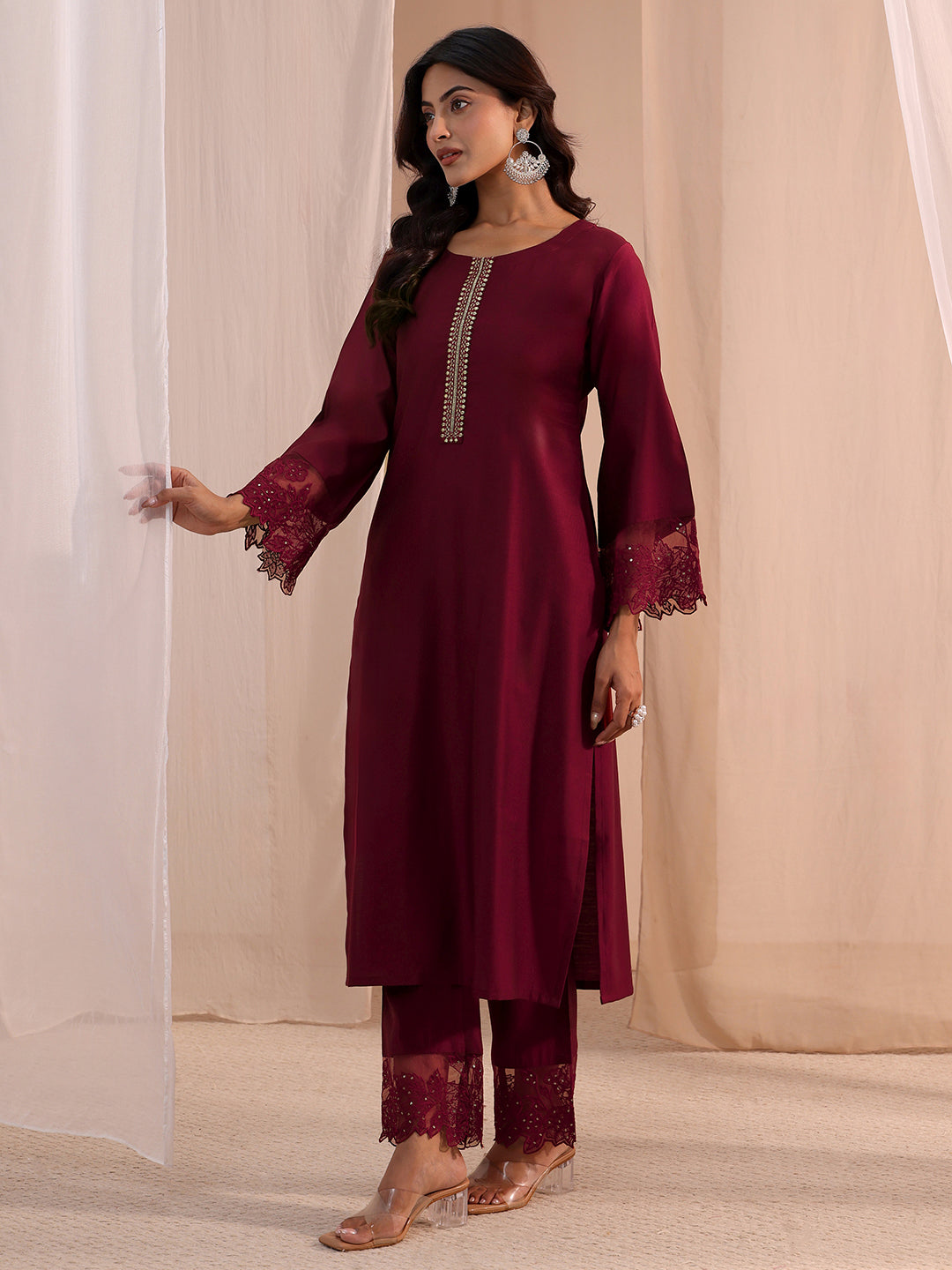  Maroon Solid Silk Blend Straight Kurta Set 