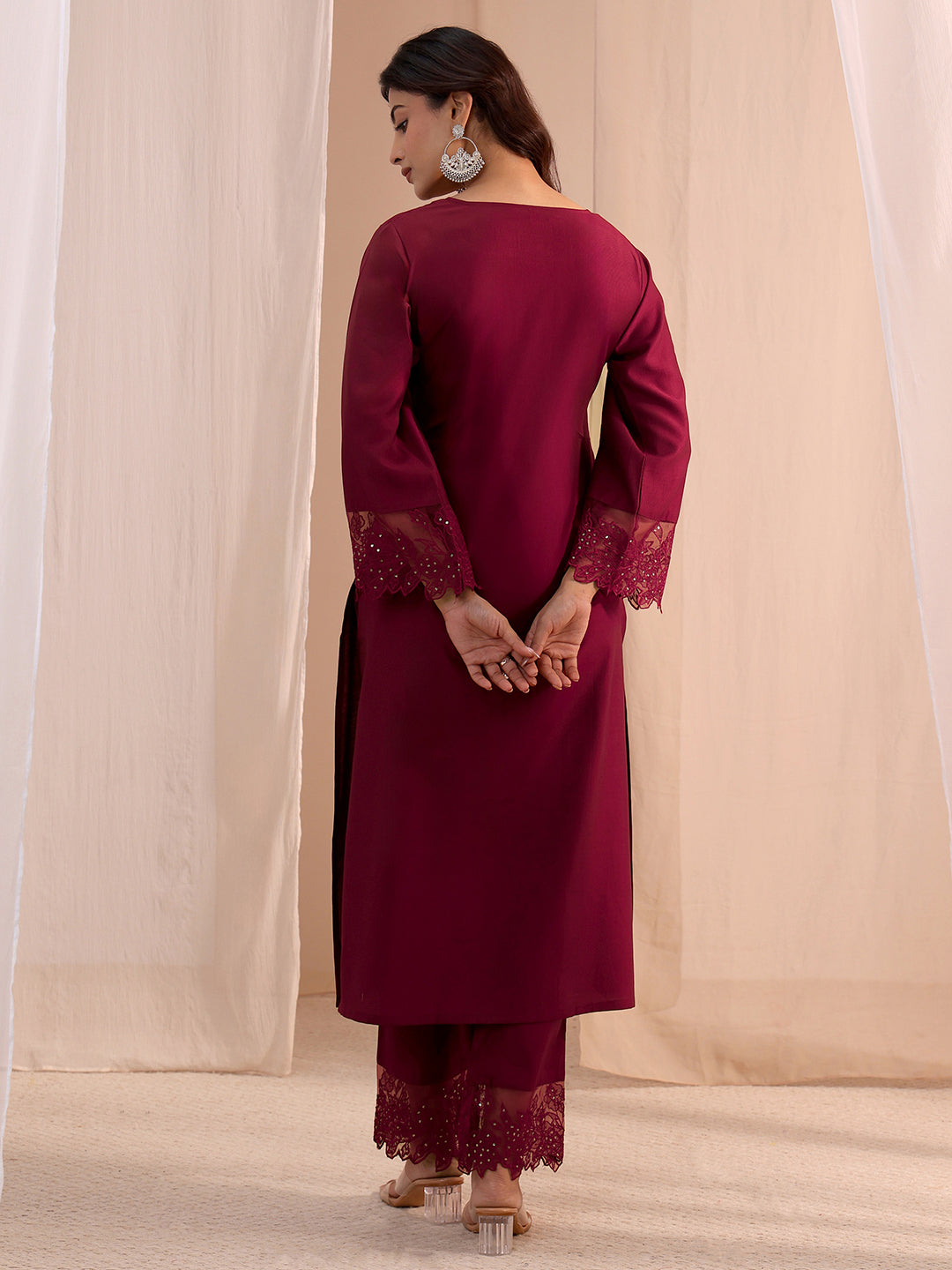  Maroon Solid Silk Blend Straight Kurta Set 